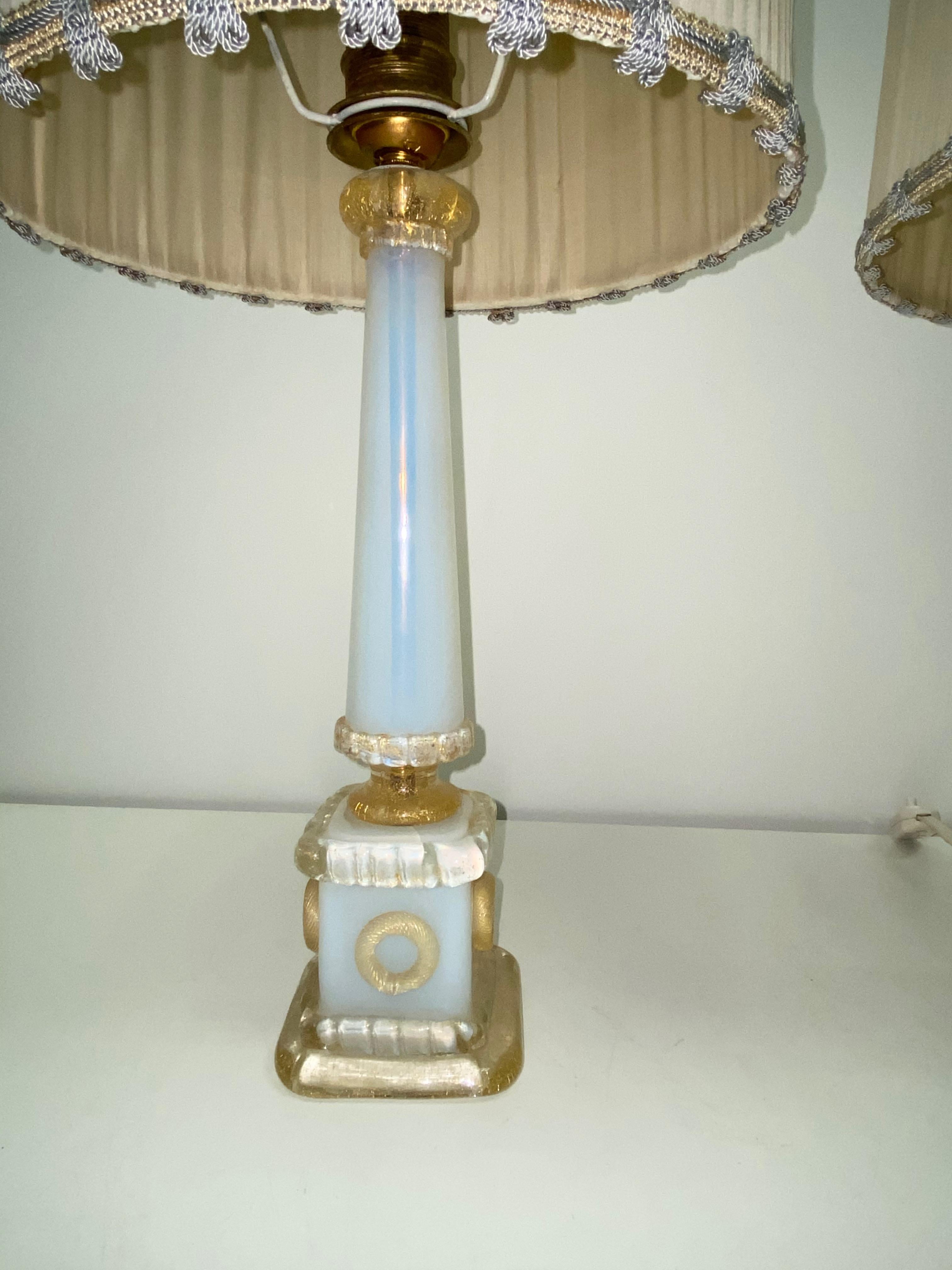 Mid-20th Century Barovier Toso Neoclassic Obelisk Iridize & Gold Infused Murano Glass Table Lamps For Sale