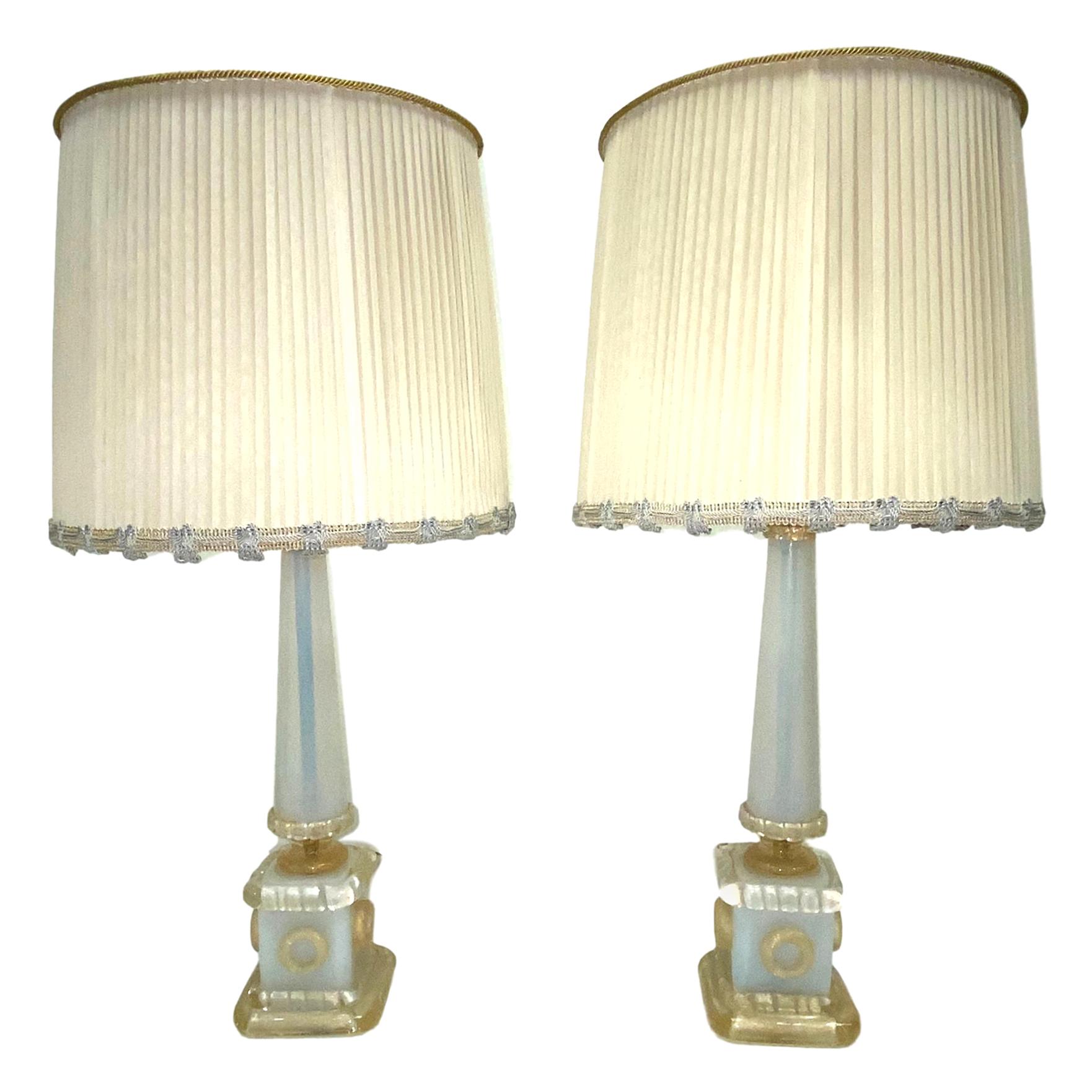 Barovier Toso Neoclassic Obelisk Iridize & Gold Infused Murano Glass Table Lamps For Sale