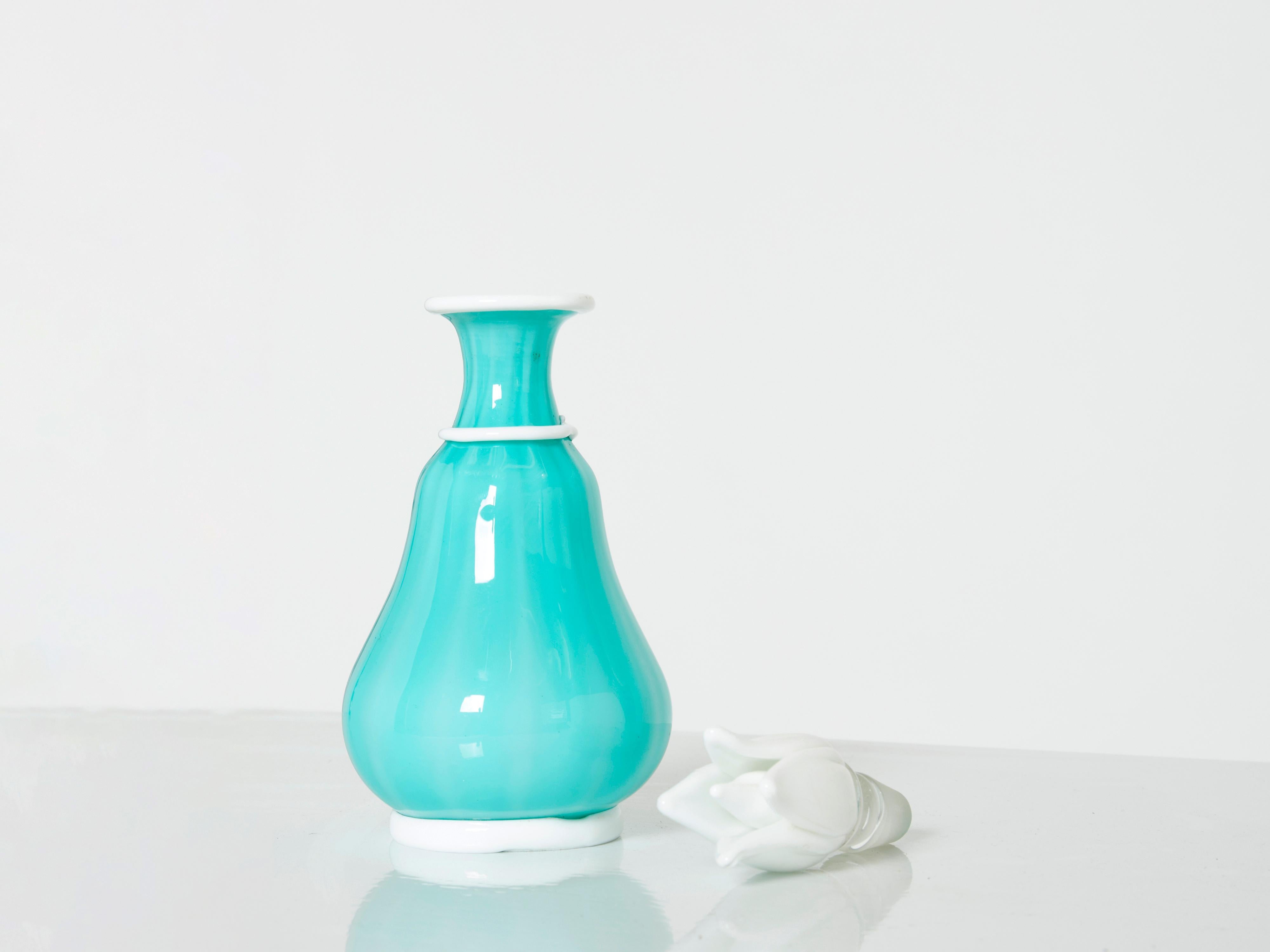 Mid-Century Modern Barovier & Toso Opal Turquoise Glass Bottle Flacone with Stopper, 1950 For Sale