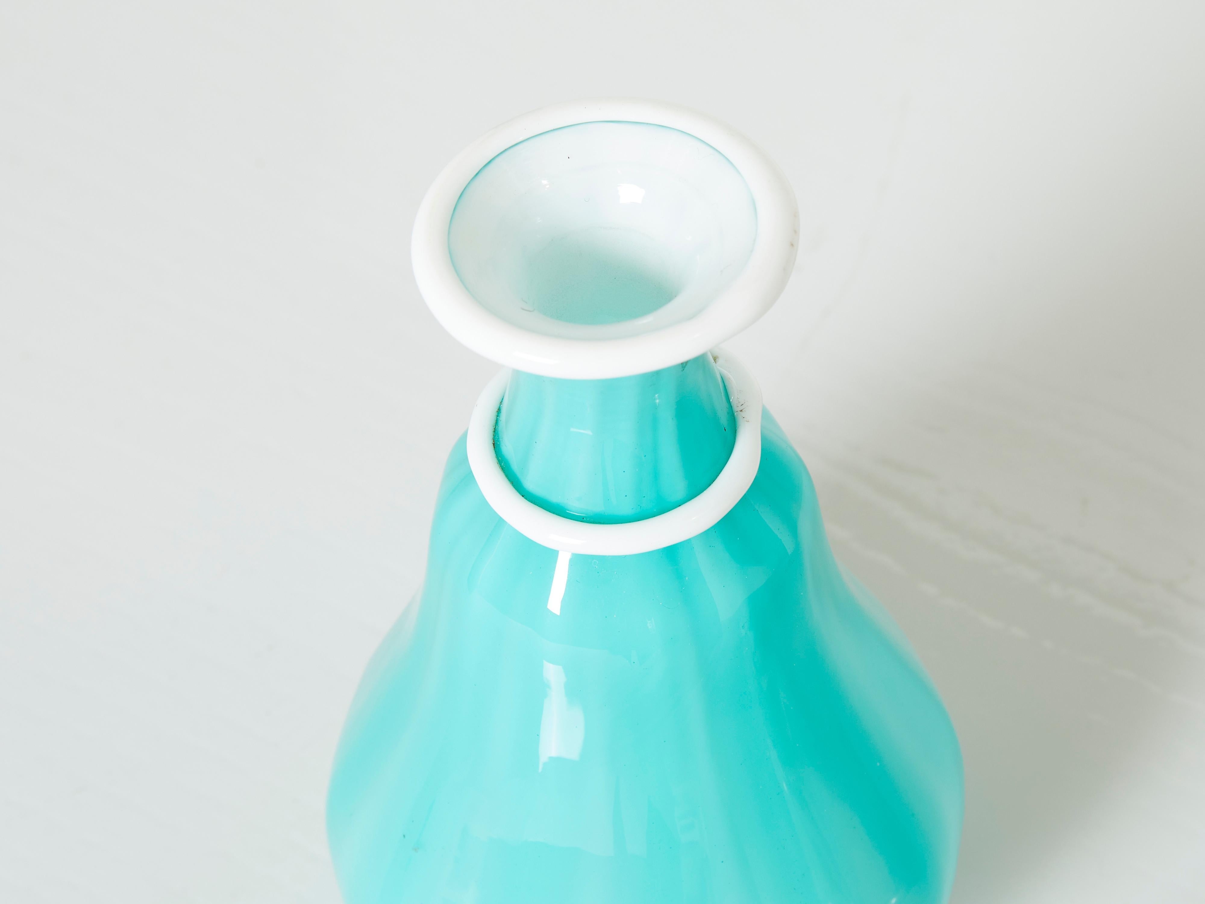 Murano Glass Barovier & Toso Opal Turquoise Glass Bottle Flacone with Stopper, 1950 For Sale