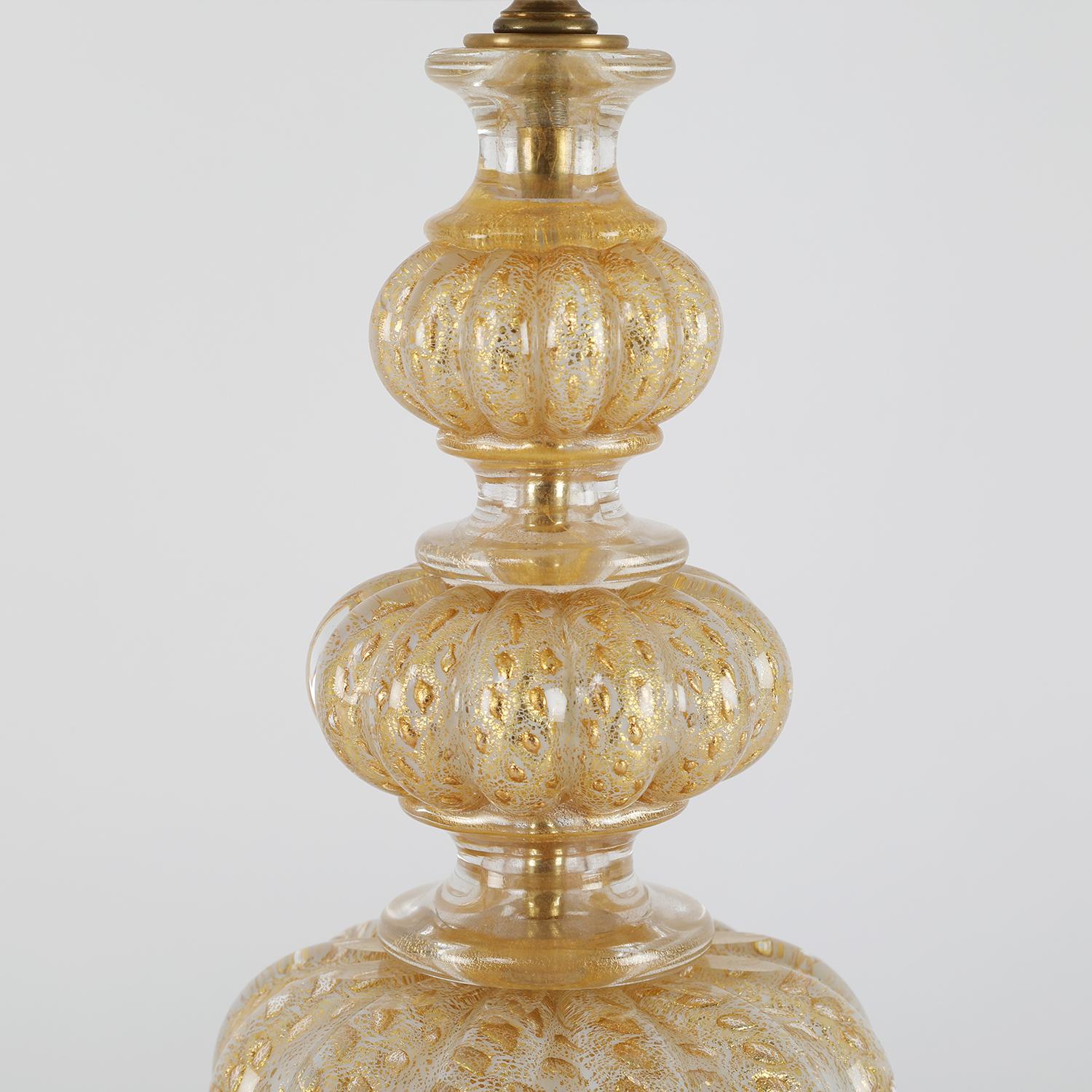 Pair of beautiful hand blown table lamps, Cordonato D'Oro technique, by Barovier & Toso, Murano, Italy, 1950s. These lamps are exquisite. Newly rewired.

Measures: Shade diameter 16 inches
Shade height 10.5 inches.