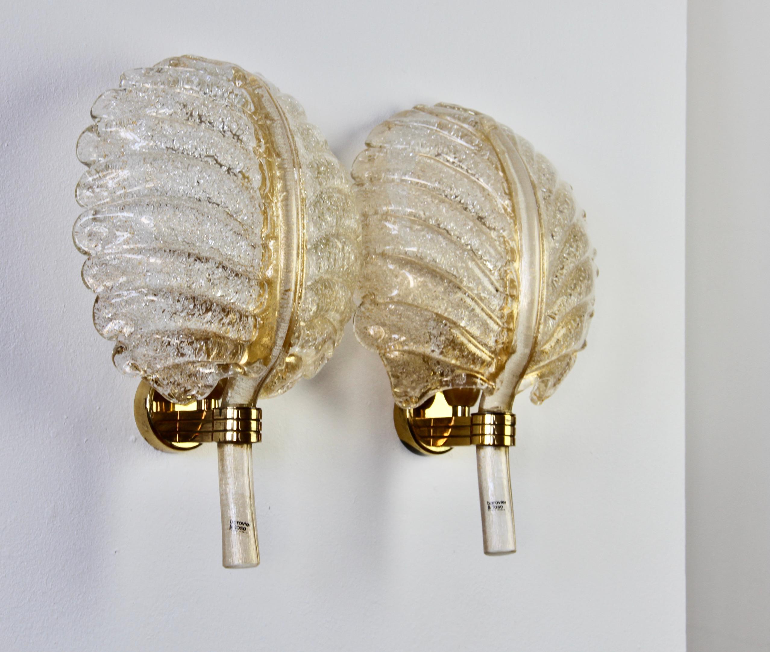 Barovier & Toso Pair of Gold Murano Glass Gilt Brass Sconces or Wall Lights 6