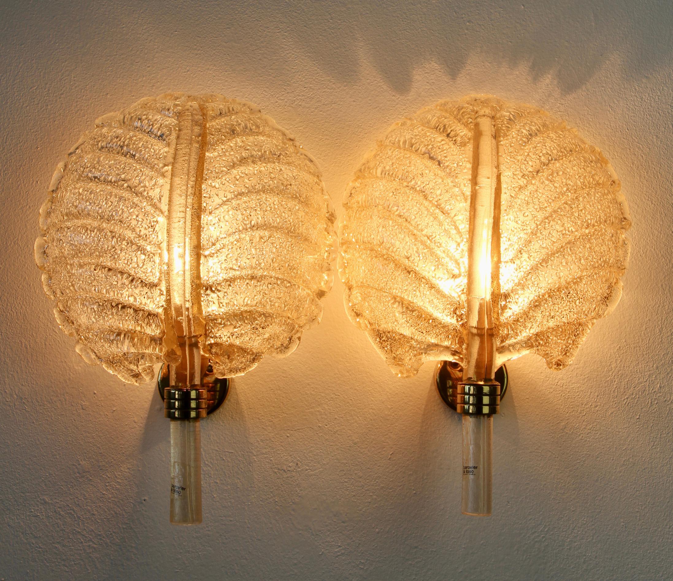 Mid-Century Modern Barovier & Toso Pair of Gold Murano Glass Gilt Brass Sconces or Wall Lights
