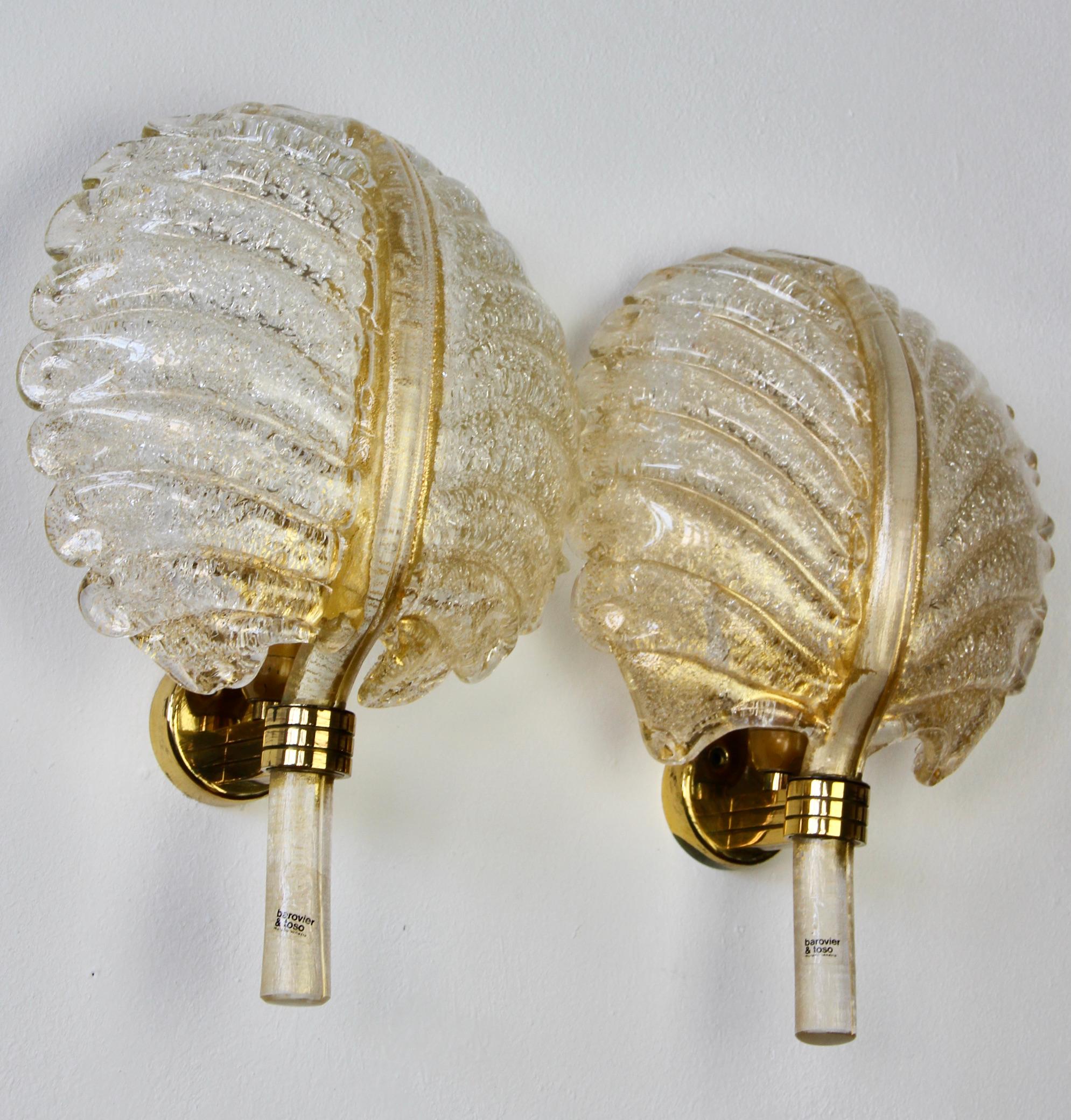 Gold Plate Barovier & Toso Pair of Gold Murano Glass Gilt Brass Sconces or Wall Lights