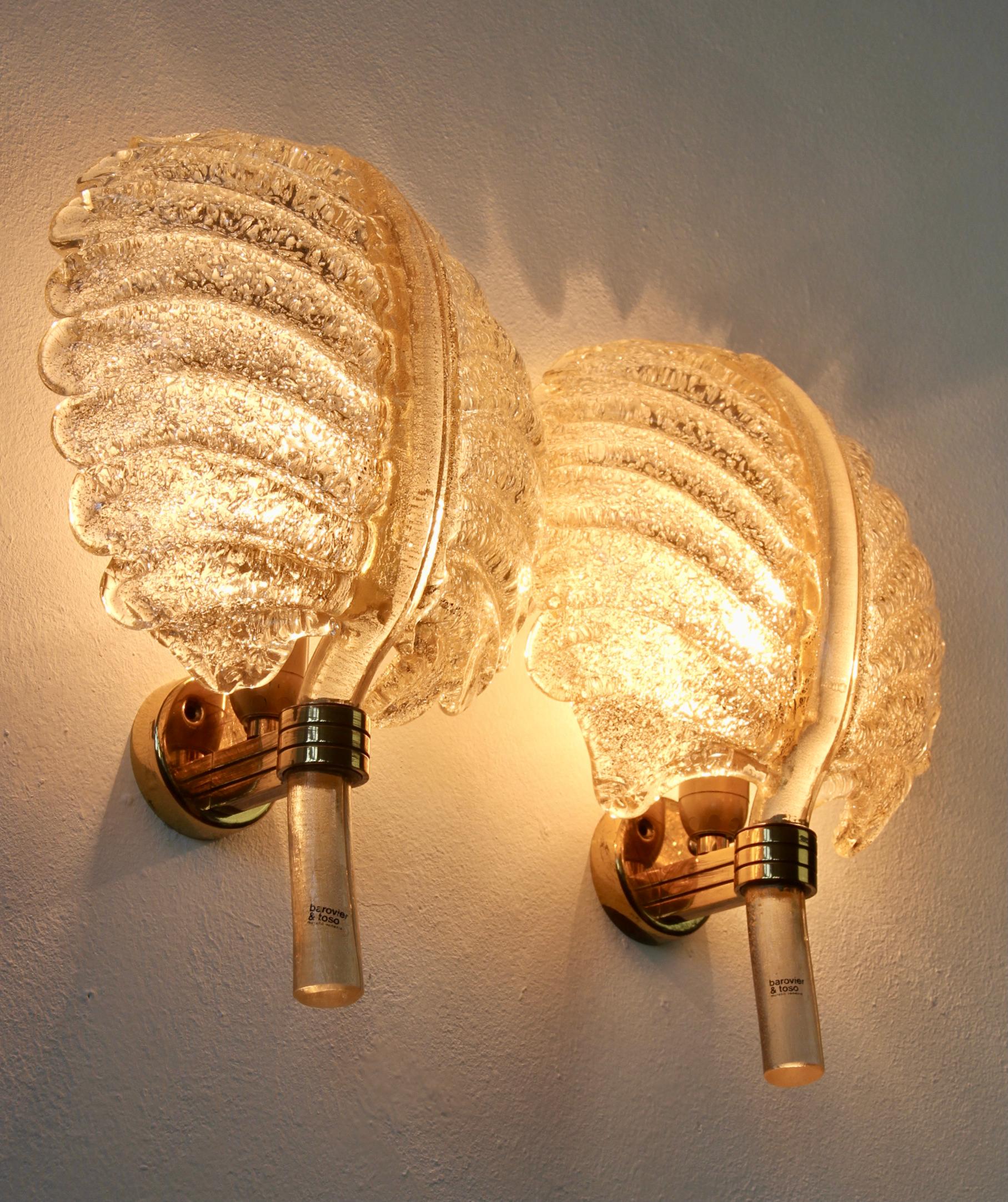 Barovier & Toso Pair of Gold Murano Glass Gilt Brass Sconces or Wall Lights 1