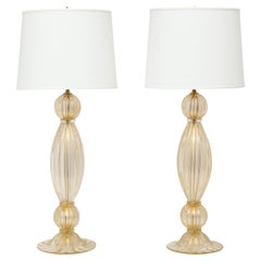 Barovier & Toso Pair of Large Hand-Blown Glass Table Lamps with Gold Foil 1950s