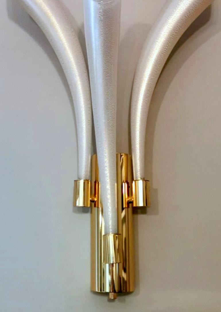 Barovier & Toso Pair Wall Sconces Mod. Fireworks Murano Glass Opaline With Gold 4