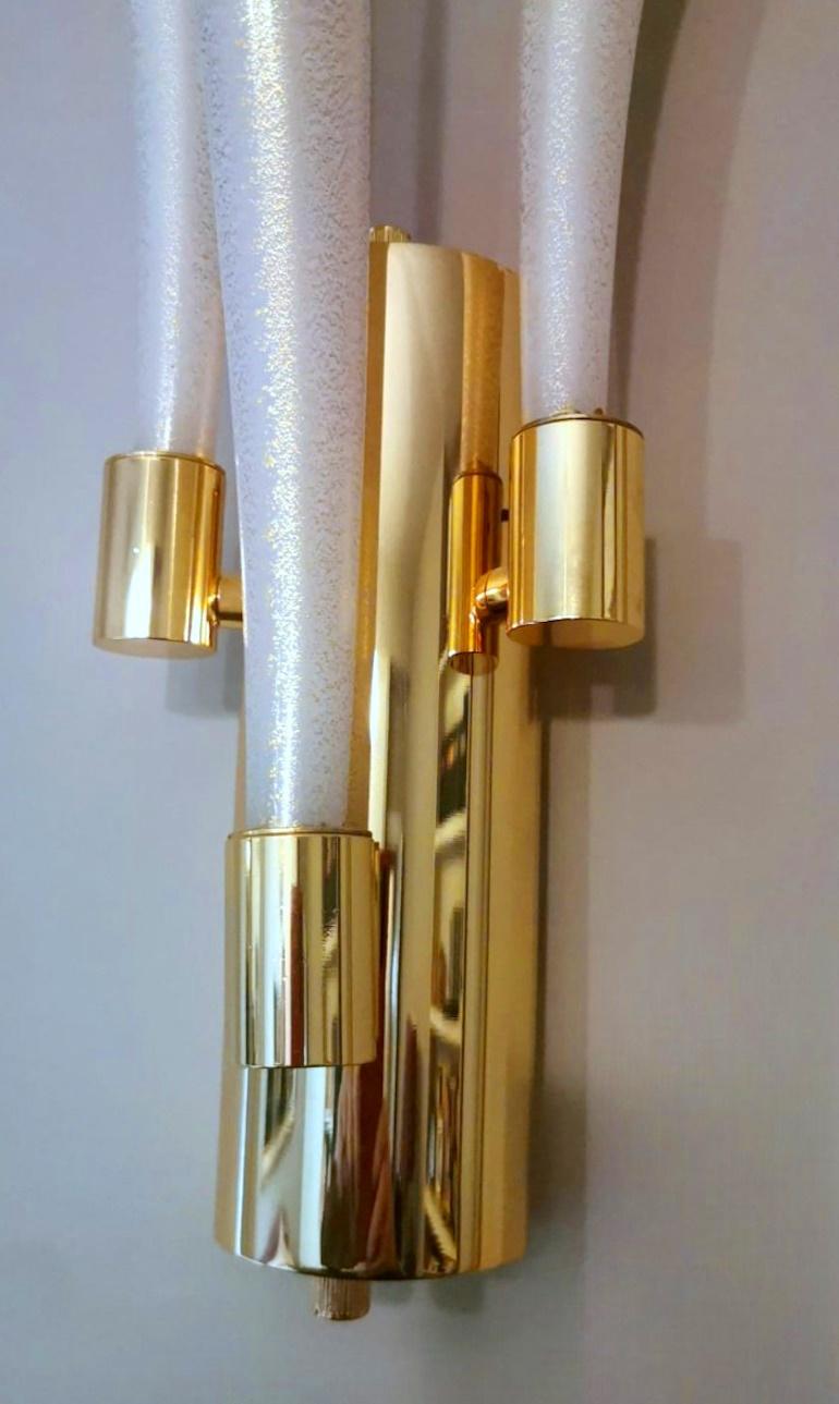 Barovier & Toso Pair Wall Sconces Mod. Fireworks Murano Glass Opaline With Gold 9