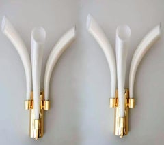 Barovier & Toso Pair Wall Sconces Mod. Fireworks Murano Glass Opaline With Gold
