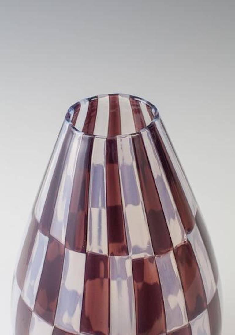 Barovier & Toso patchwork tessere art glass vase composed of opaline and dark amber patches with amethyst filigrana.