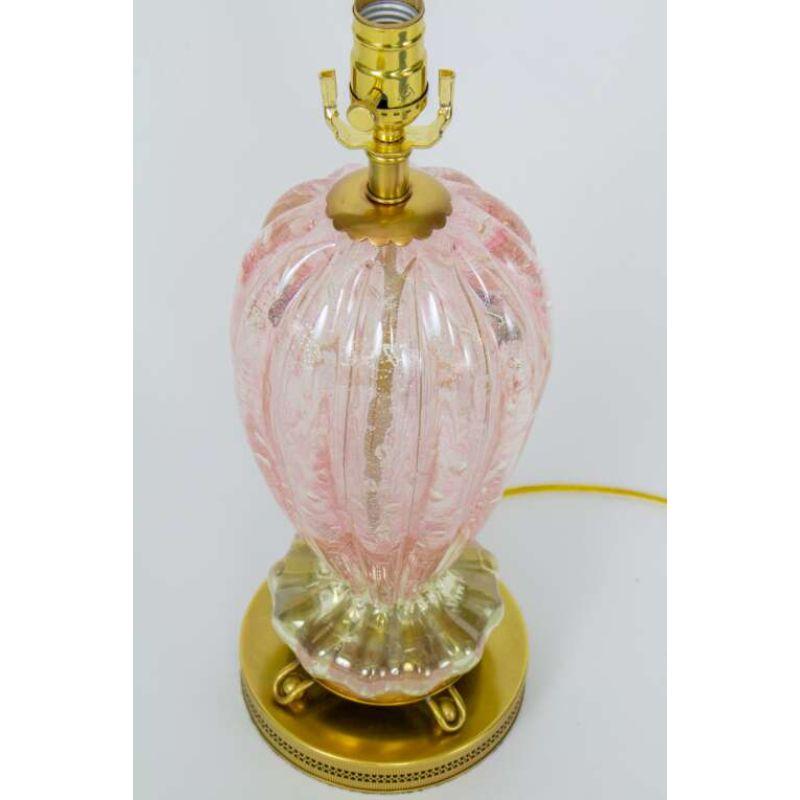 Murano blown glass lamp, pink and clear glass with silver leaf to highlight the texture and bubbles. Ribbed and vase shaped. Original gold brass decorative cap and original ornate base. Excellent condition, Cleaned, metals polished to restore the