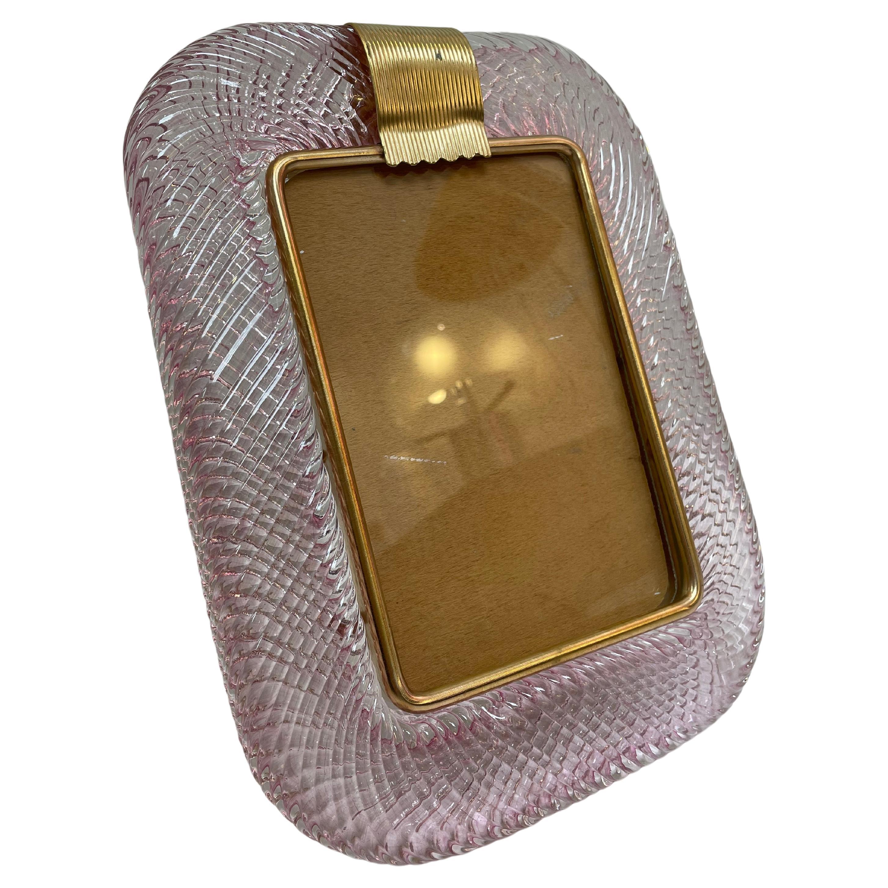 Barovier & Toso Pink Murano Glass and Brass Picture Frame, 2000s