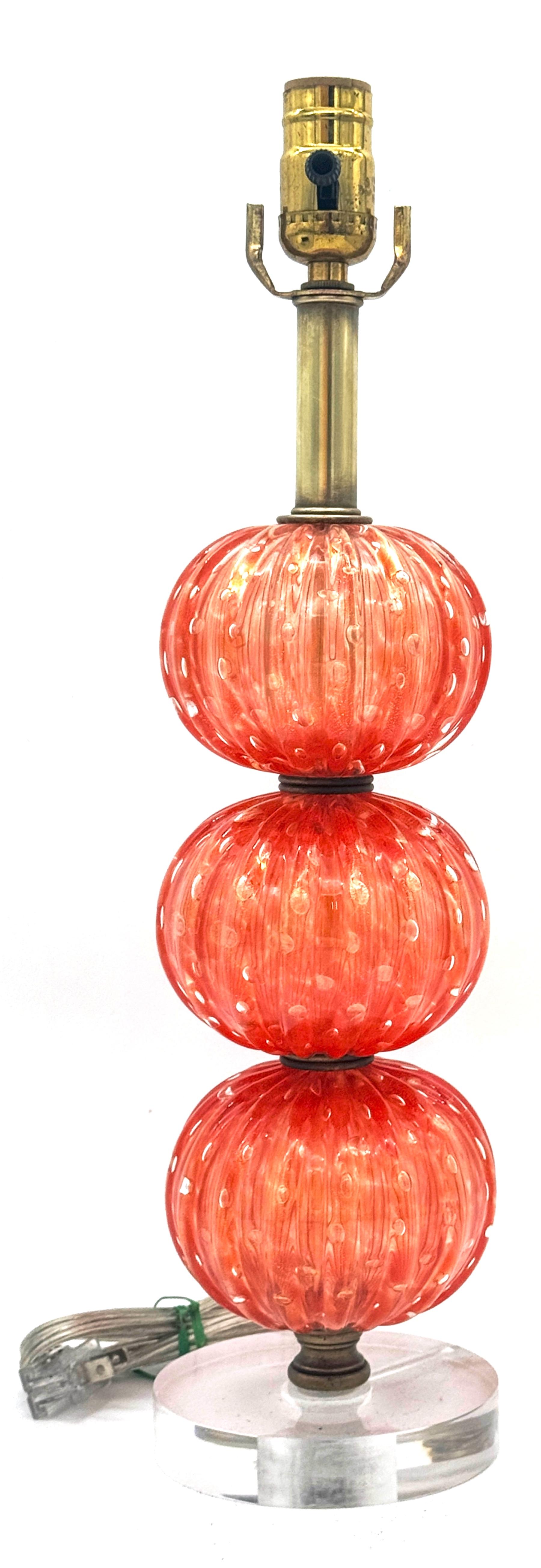 Barovier & Toso Pulegoso Orange Murano Glass & Lucite  Stacked Orb Column Lamp  For Sale 4