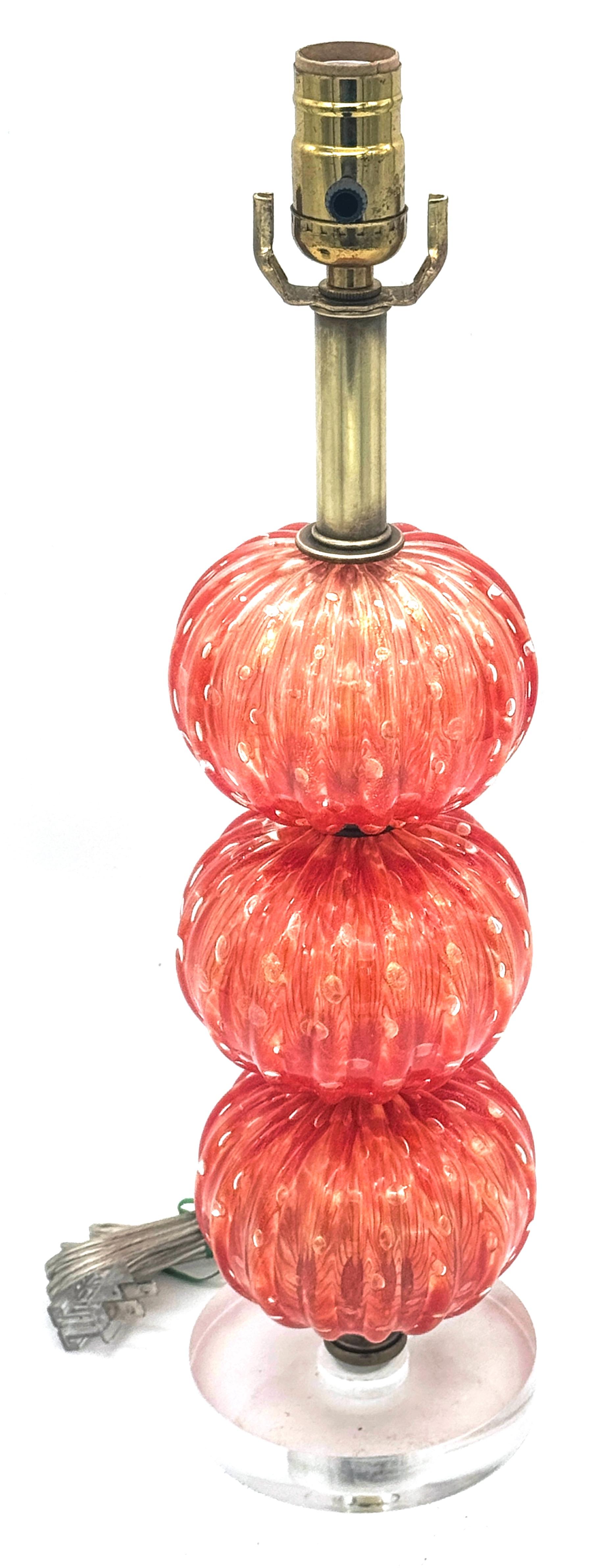 Barovier & Toso Pulegoso Orange Murano Glass & Lucite  Stacked Orb Column Lamp  For Sale 6