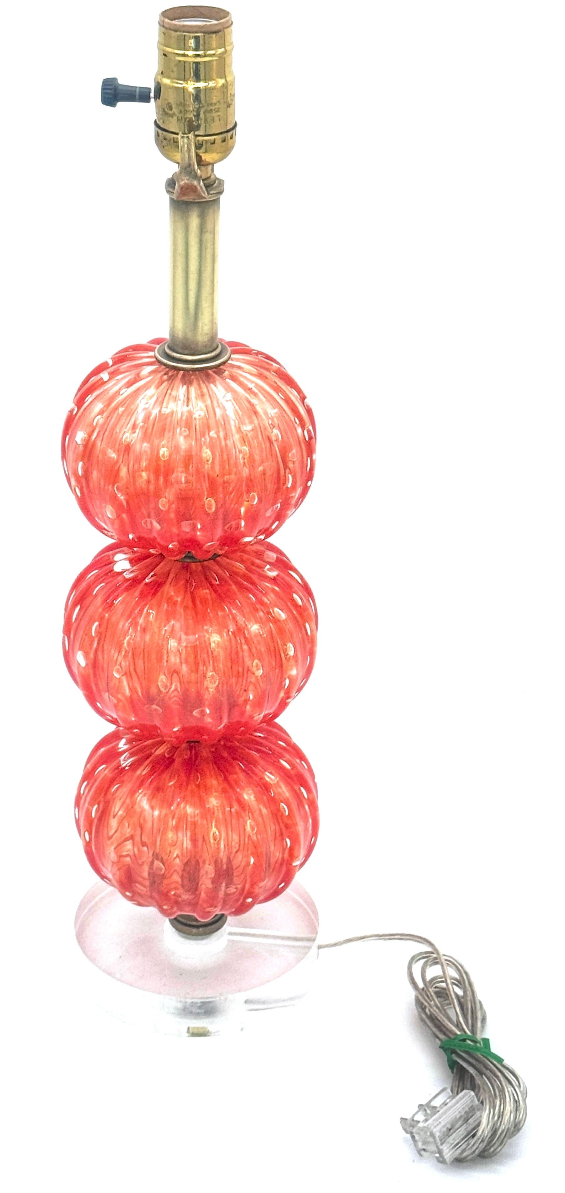 Italian Barovier & Toso Pulegoso Orange Murano Glass & Lucite  Stacked Orb Column Lamp  For Sale