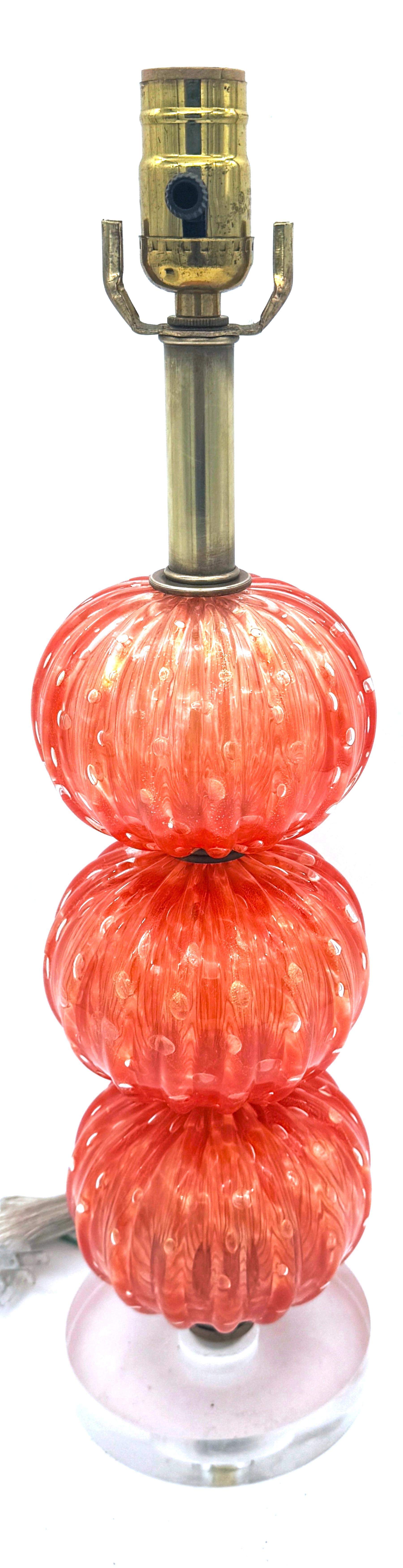 Barovier & Toso Pulegoso Orange Murano Glass & Lucite  Stacked Orb Column Lamp  For Sale 1