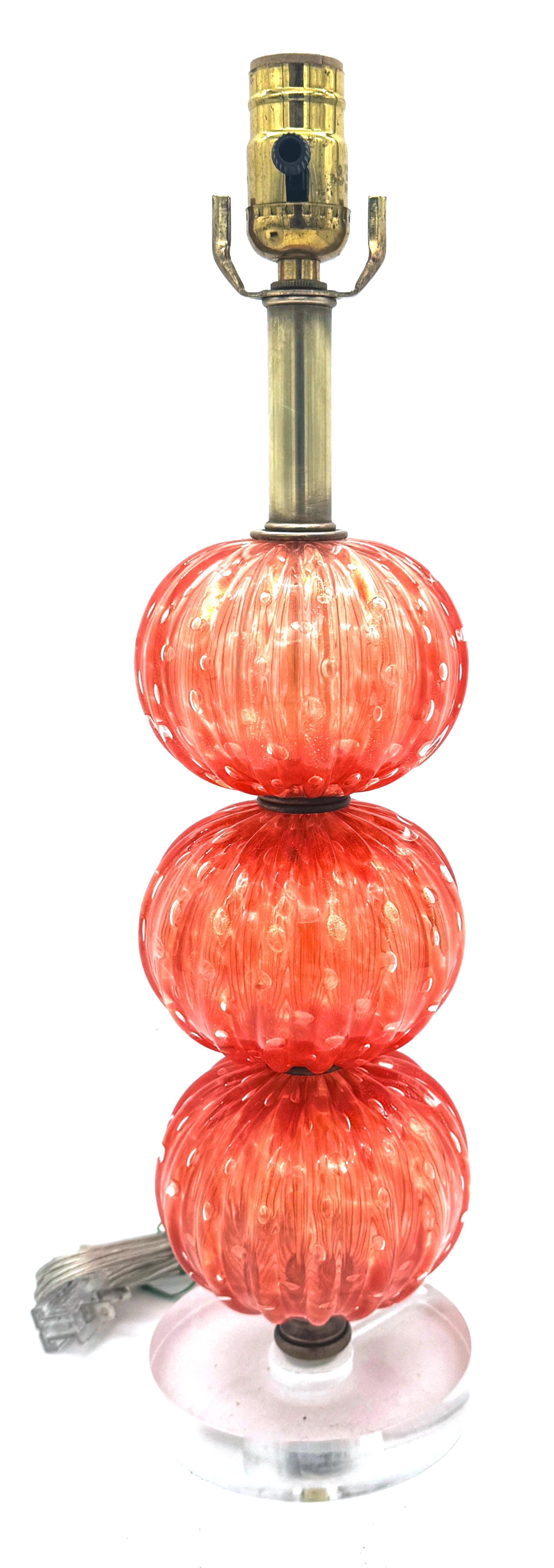 Barovier & Toso Pulegoso Orange Murano Glass & Lucite  Stacked Orb Column Lamp  For Sale 2