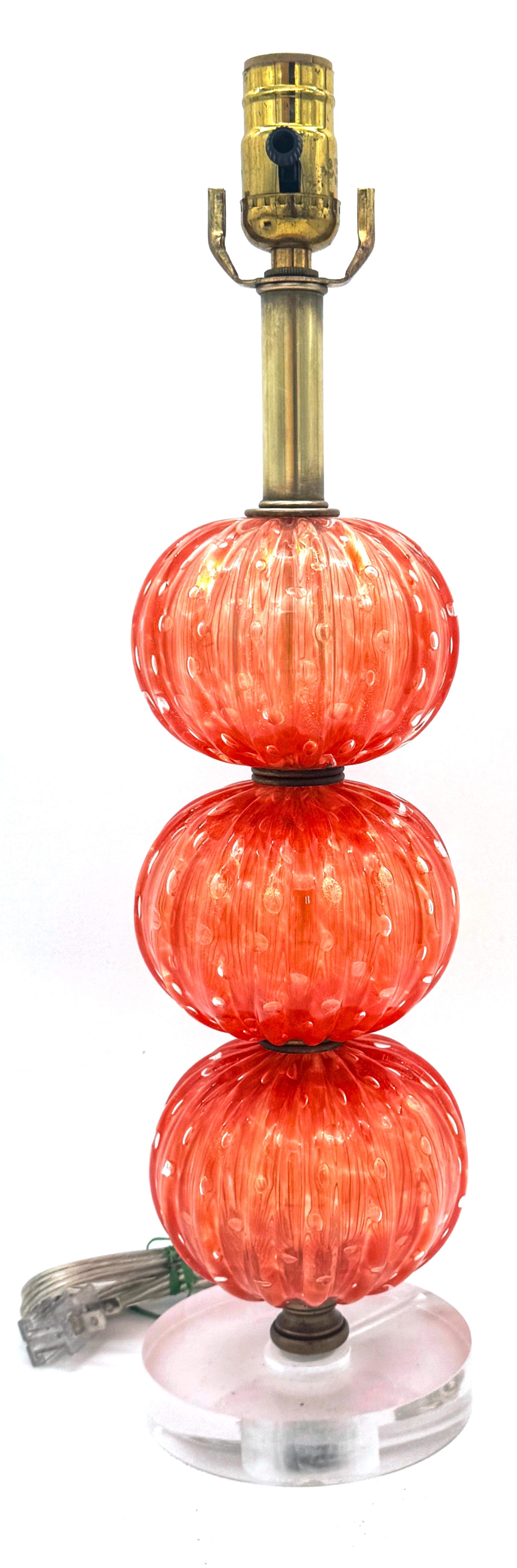 Barovier & Toso Pulegoso Orange Murano Glass & Lucite  Stacked Orb Column Lamp  For Sale 3
