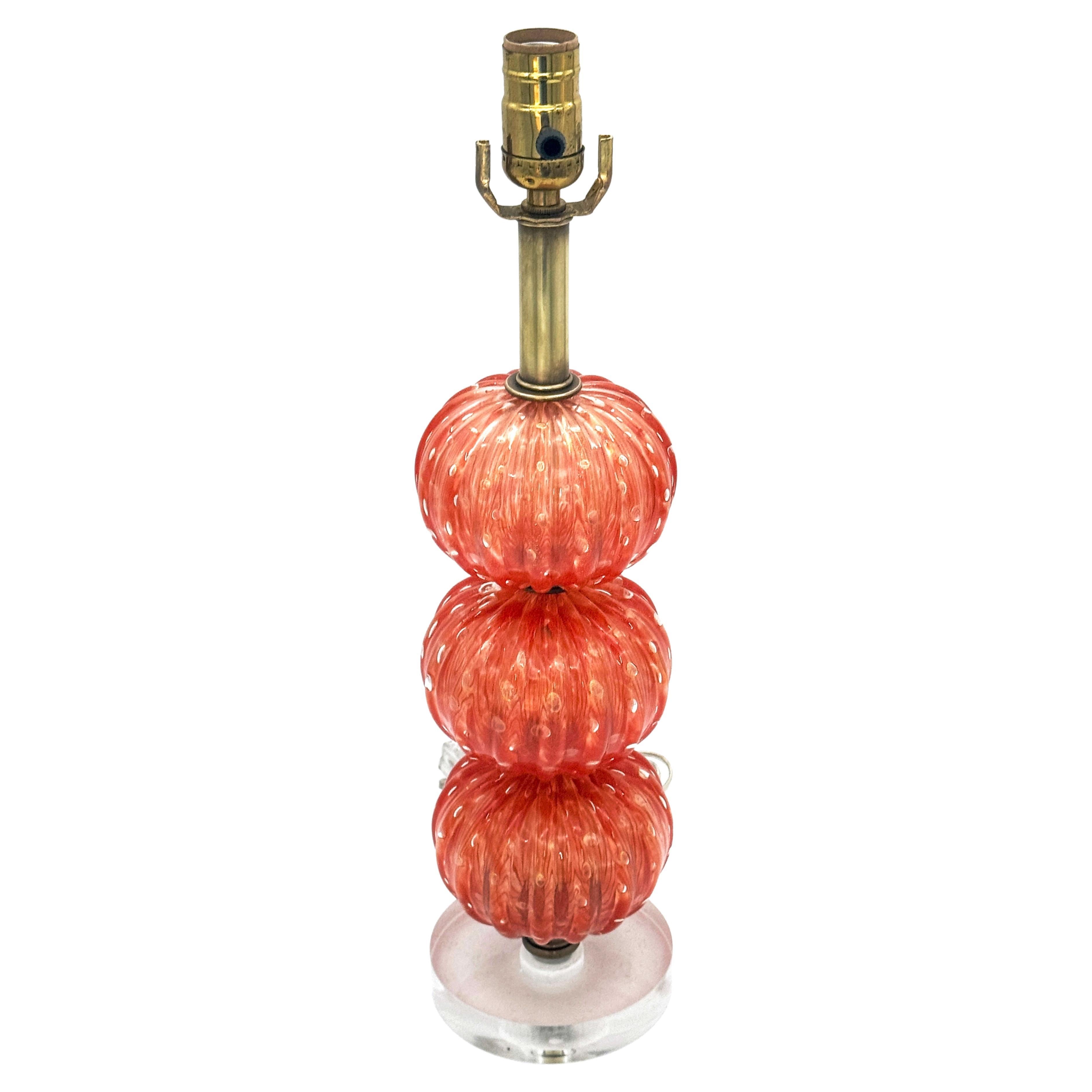 Barovier & Toso Pulegoso Orange Murano Glass & Lucite  Stacked Orb Column Lamp  For Sale