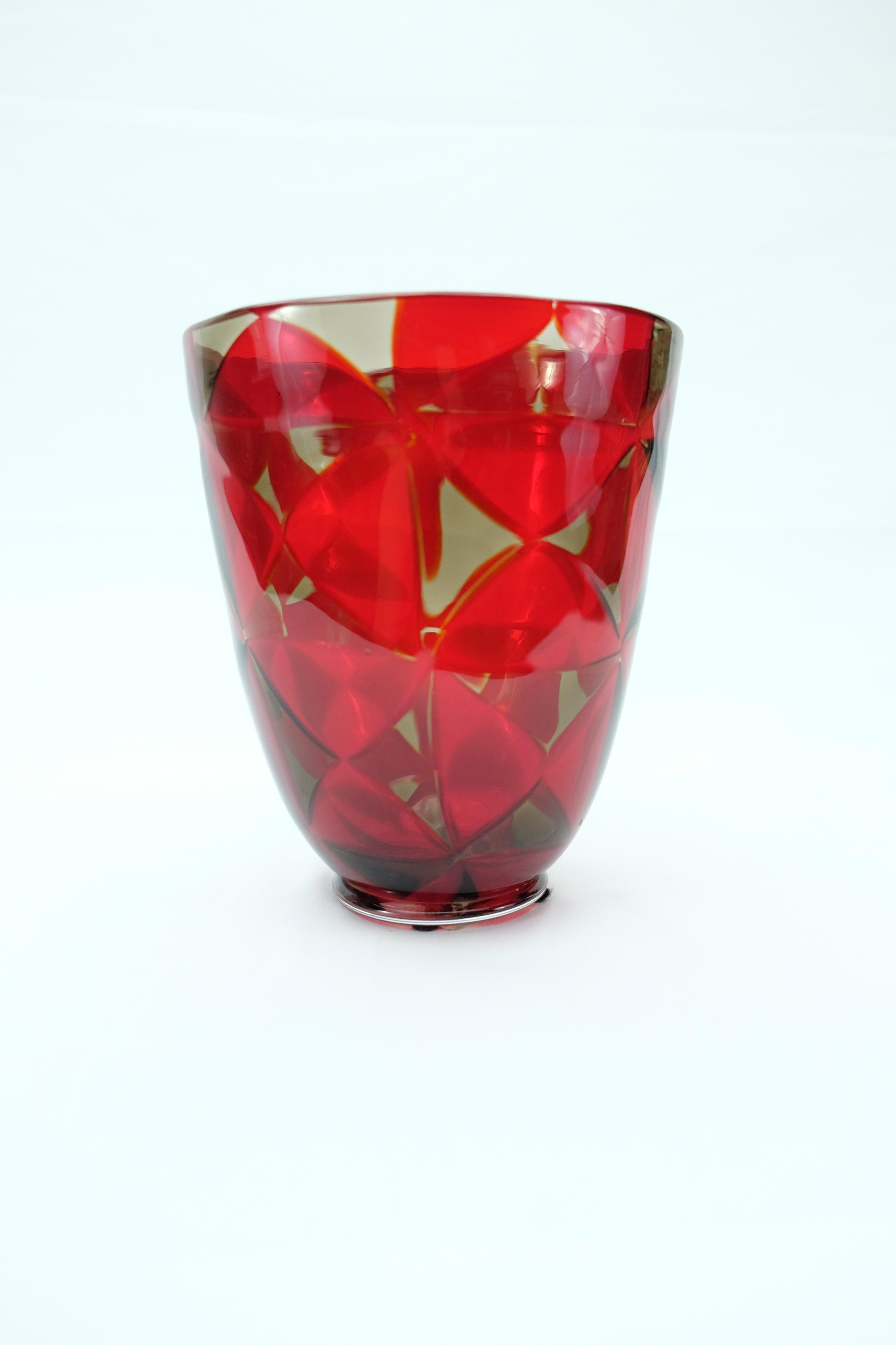 Barovier & Toso red Mosaic triangle Murano glass vase offered for sale is a magnificent hand blown red mosaic triangle Murano glass vase by Barovier & Toso. The hand blown vase is signed on the base and retains the original maker's label.