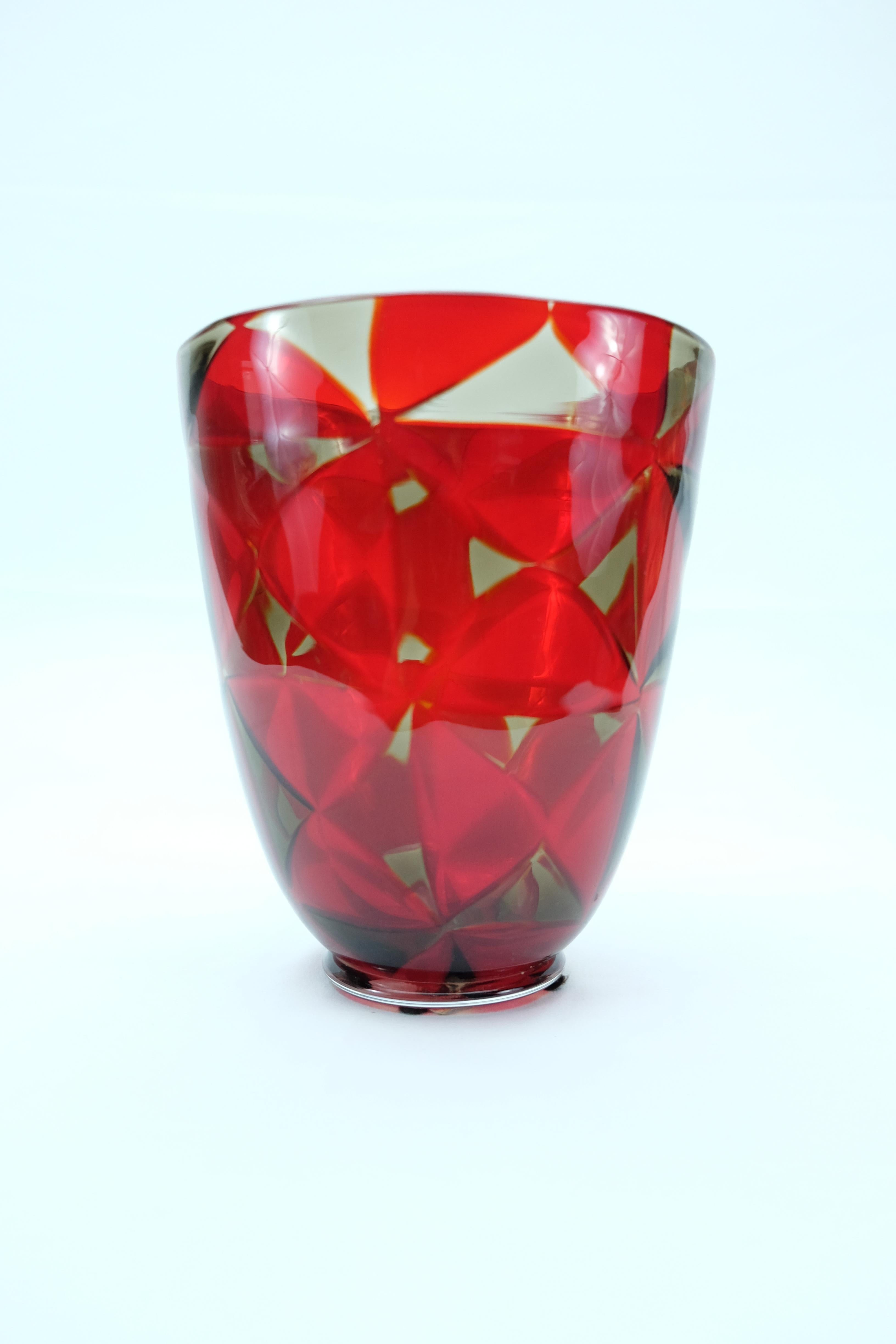 Mid-Century Modern Barovier & Toso Red Mosaic Triangle Murano Glass Vase For Sale