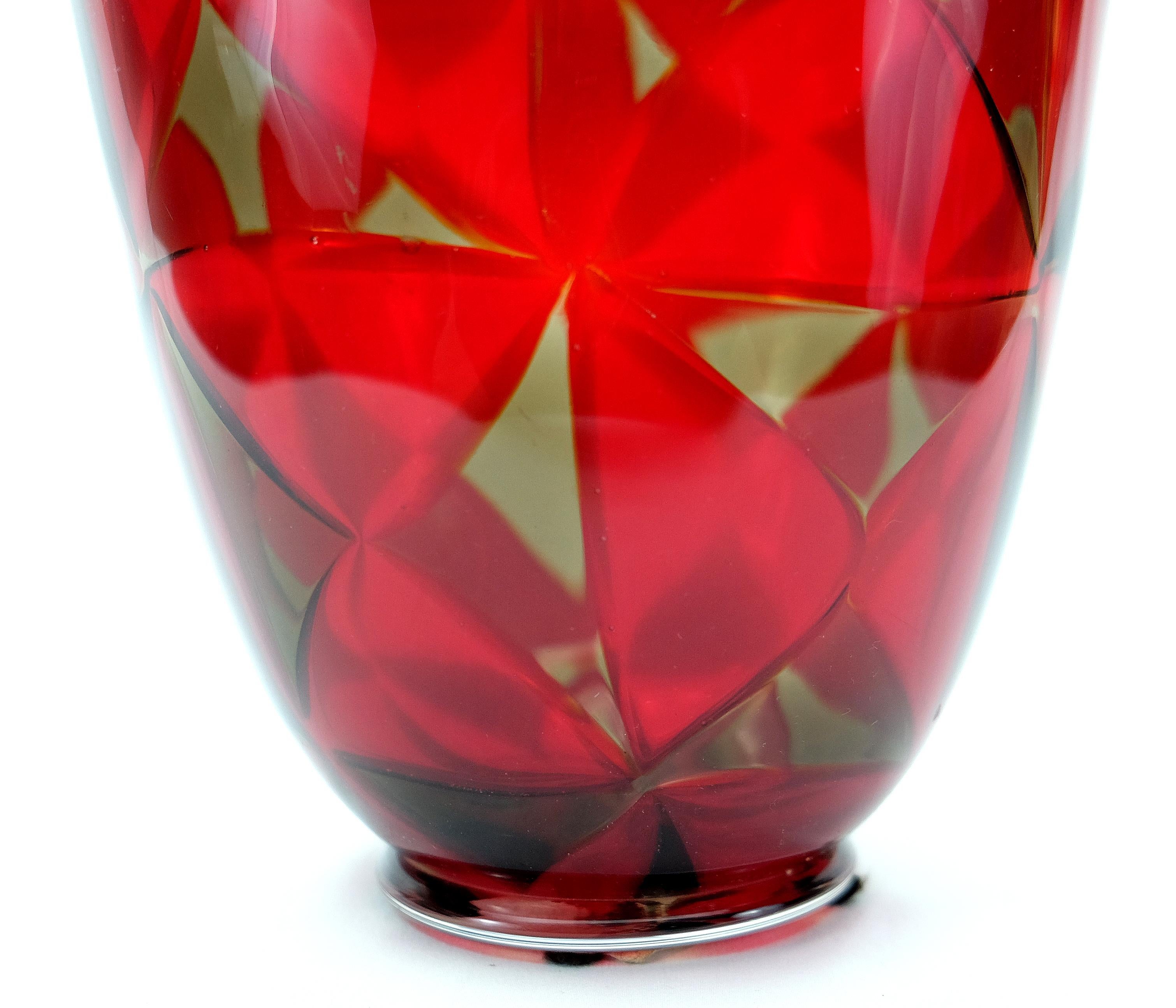 Italian Barovier & Toso Red Mosaic Triangle Murano Glass Vase For Sale