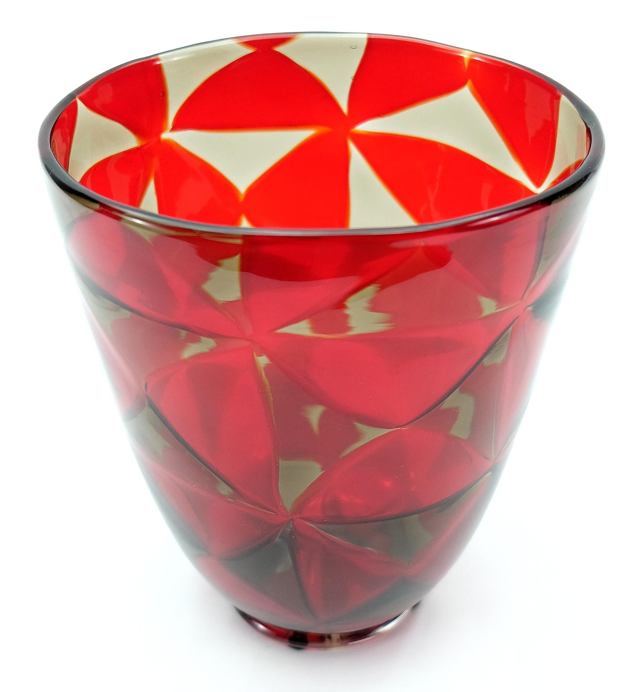 Late 20th Century Barovier & Toso Red Mosaic Triangle Murano Glass Vase For Sale