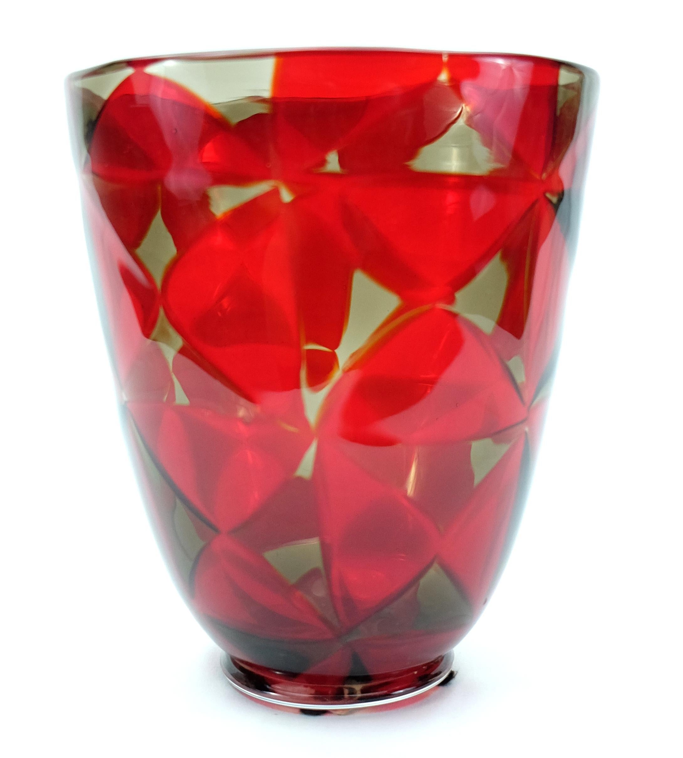 Barovier & Toso Red Mosaic Triangle Murano Glass Vase 1