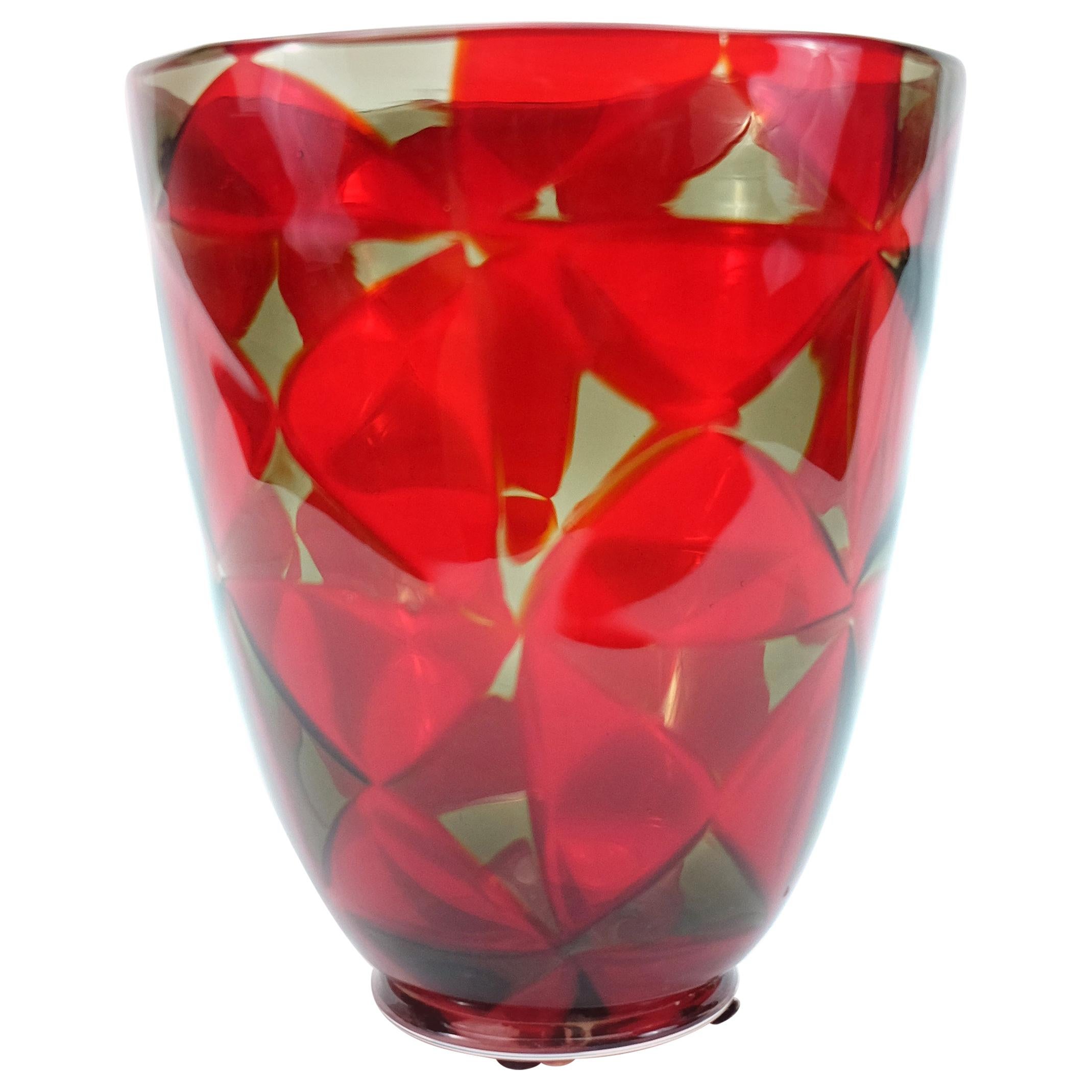Barovier & Toso Red Mosaic Triangle Murano Glass Vase For Sale