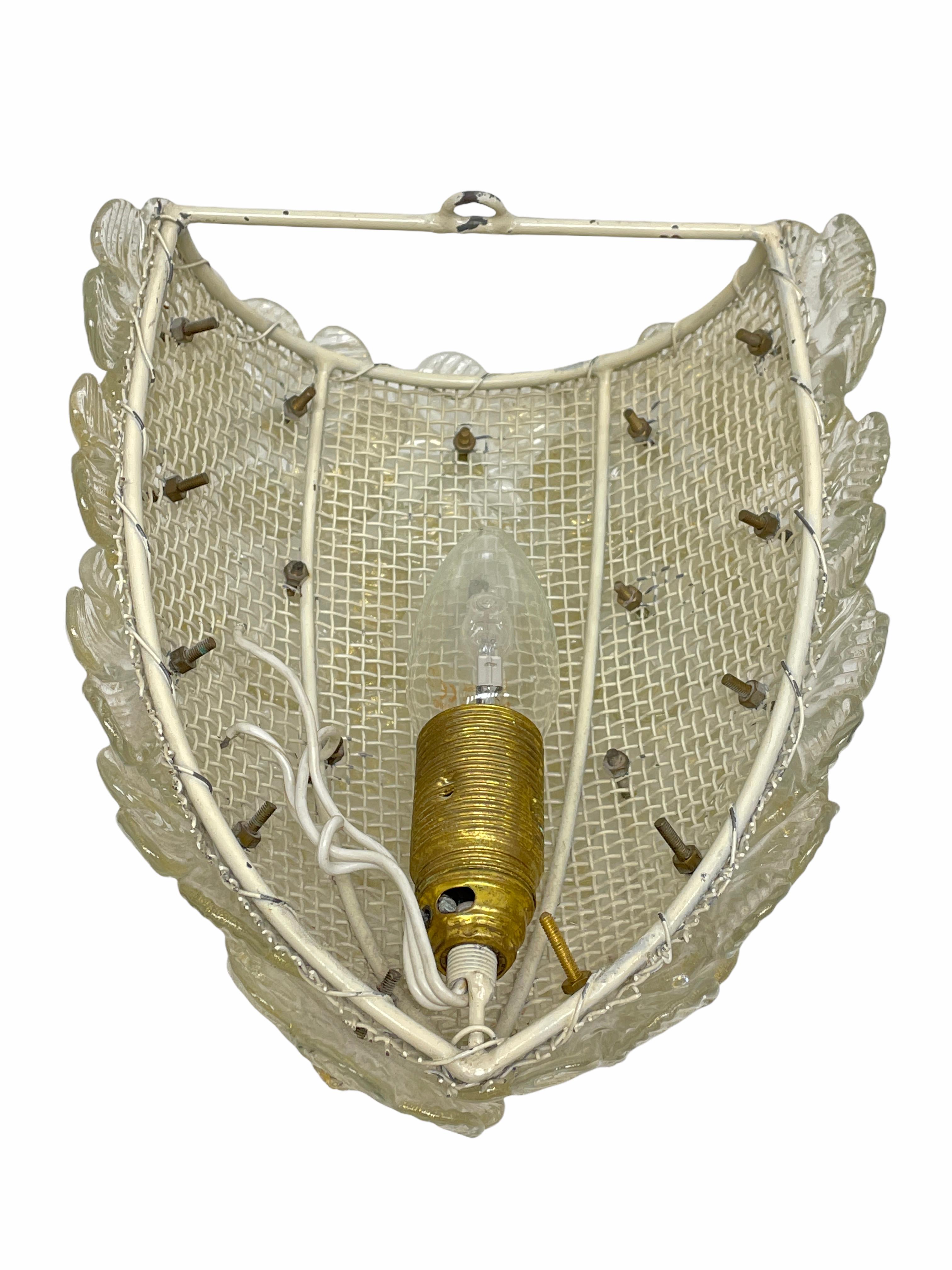 Mid-20th Century Barovier Toso Sconce Murano Glass Gold and Ice Flowers Basket, 1950s For Sale