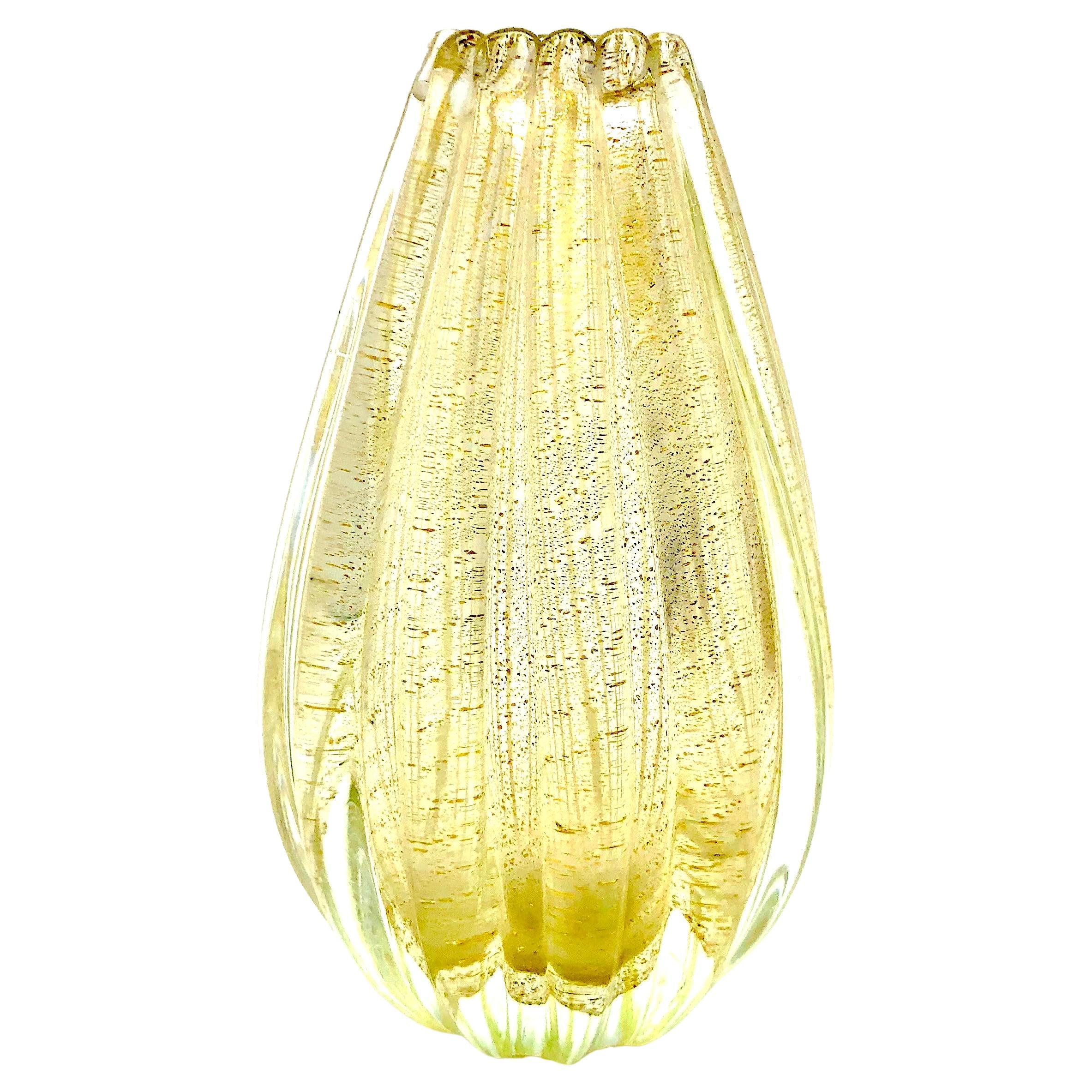 Barovier & Toso Serial No 25361 Cordonato D'Oro Ribbed Glass Vase Murano Venezia For Sale