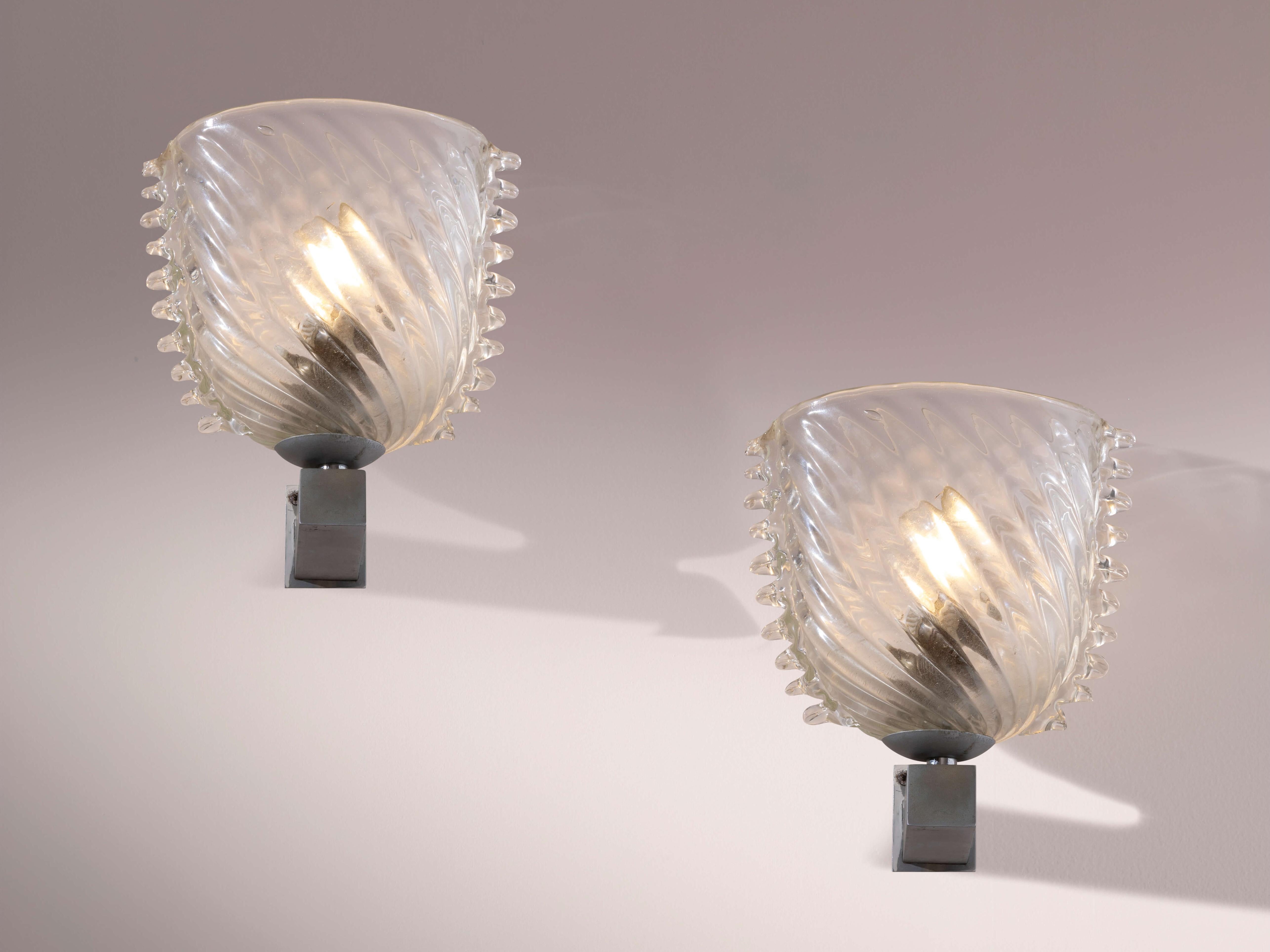 Barovier&Toso ensemble de 3 appliques en verre et laiton nickelé, Italie, années 1940 en vente 3