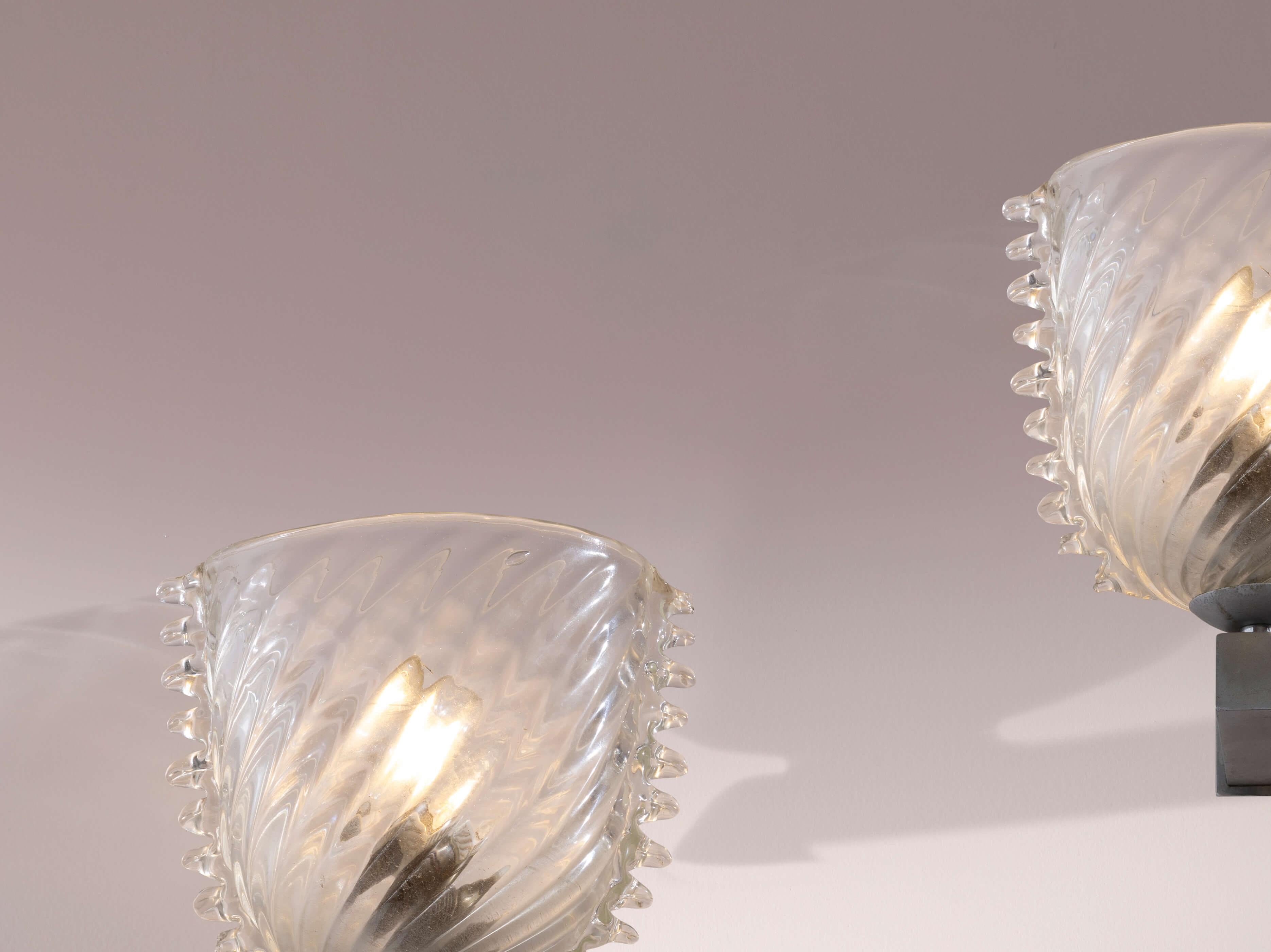 Barovier&Toso ensemble de 3 appliques en verre et laiton nickelé, Italie, années 1940 en vente 1