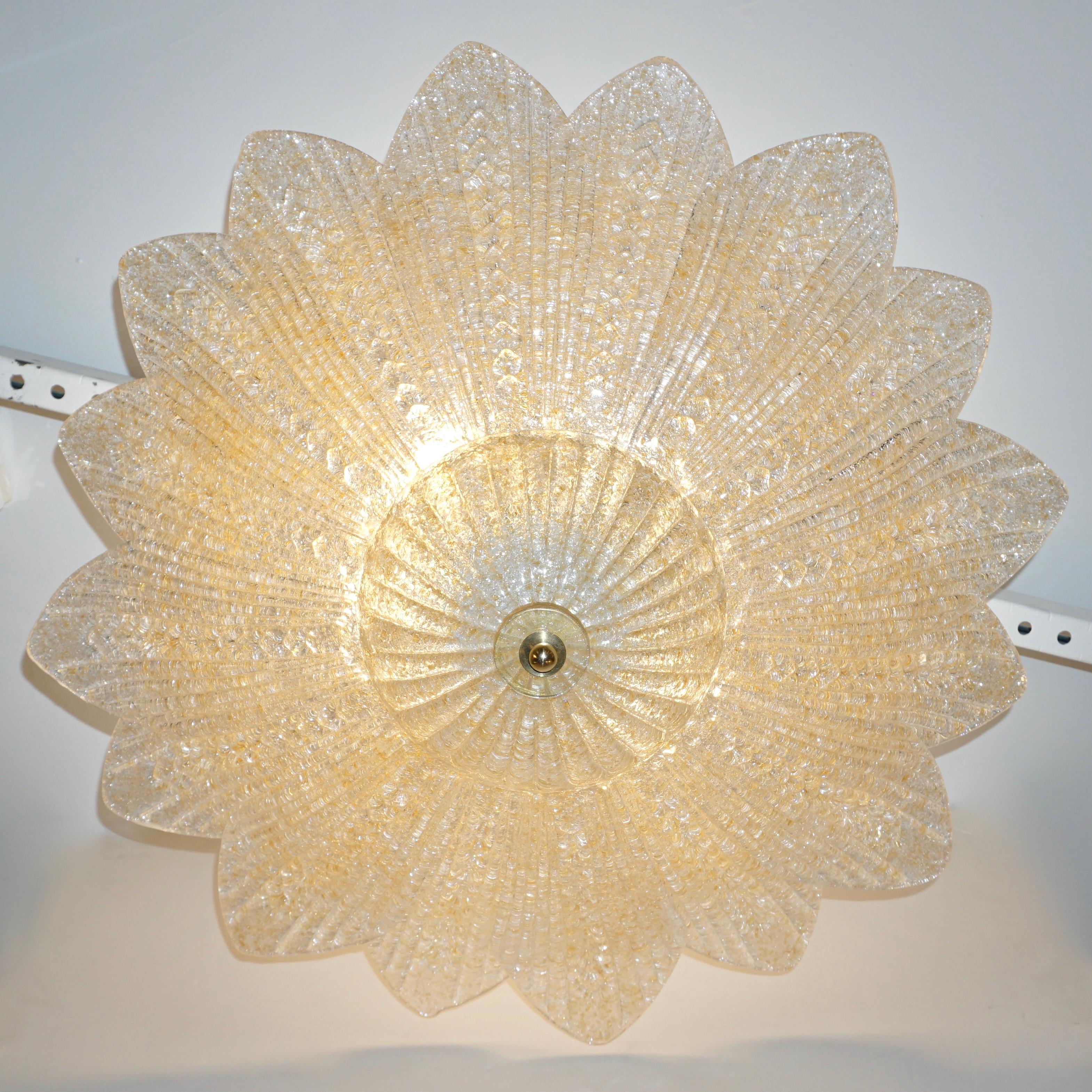 Barovier Toso Style Italian Gold Textured Murano Glass Flower Leaf Flushmount For Sale 3