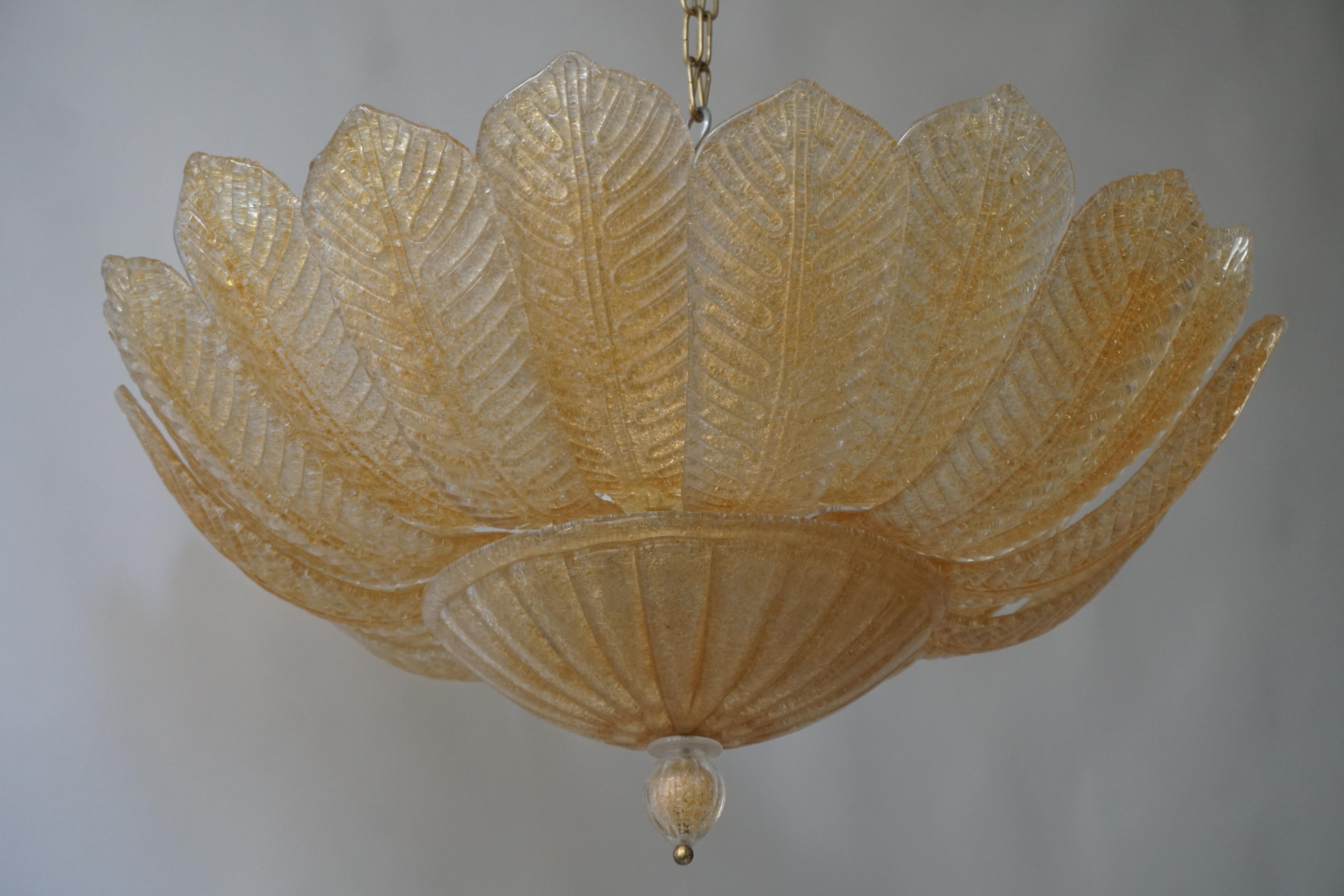 Barovier Toso Style Italian Gold Textured Murano Glass Flower Leaf Flushmount For Sale 3