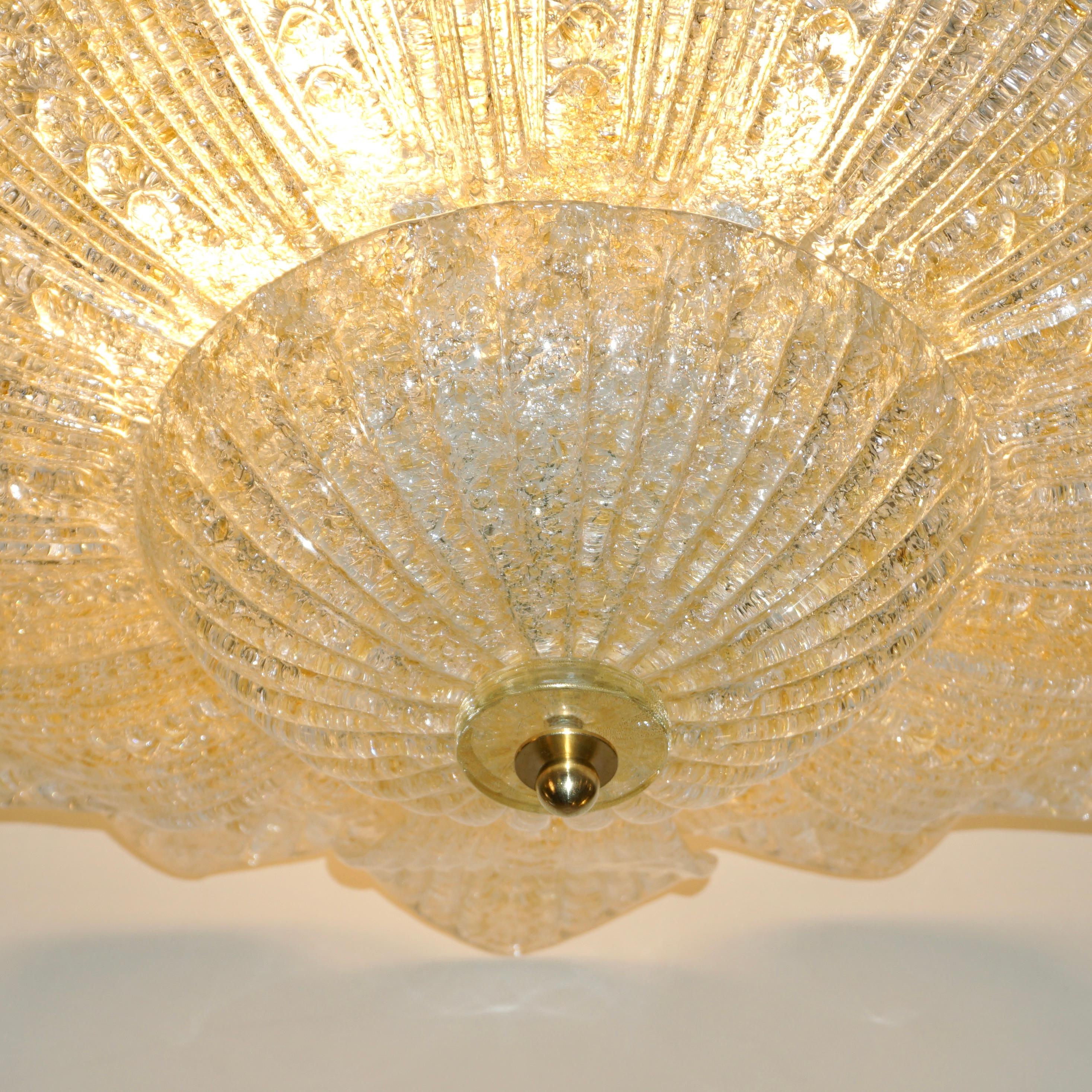 Barovier Toso Style Italian Gold Textured Murano Glass Flower Leaf Flushmount For Sale 4