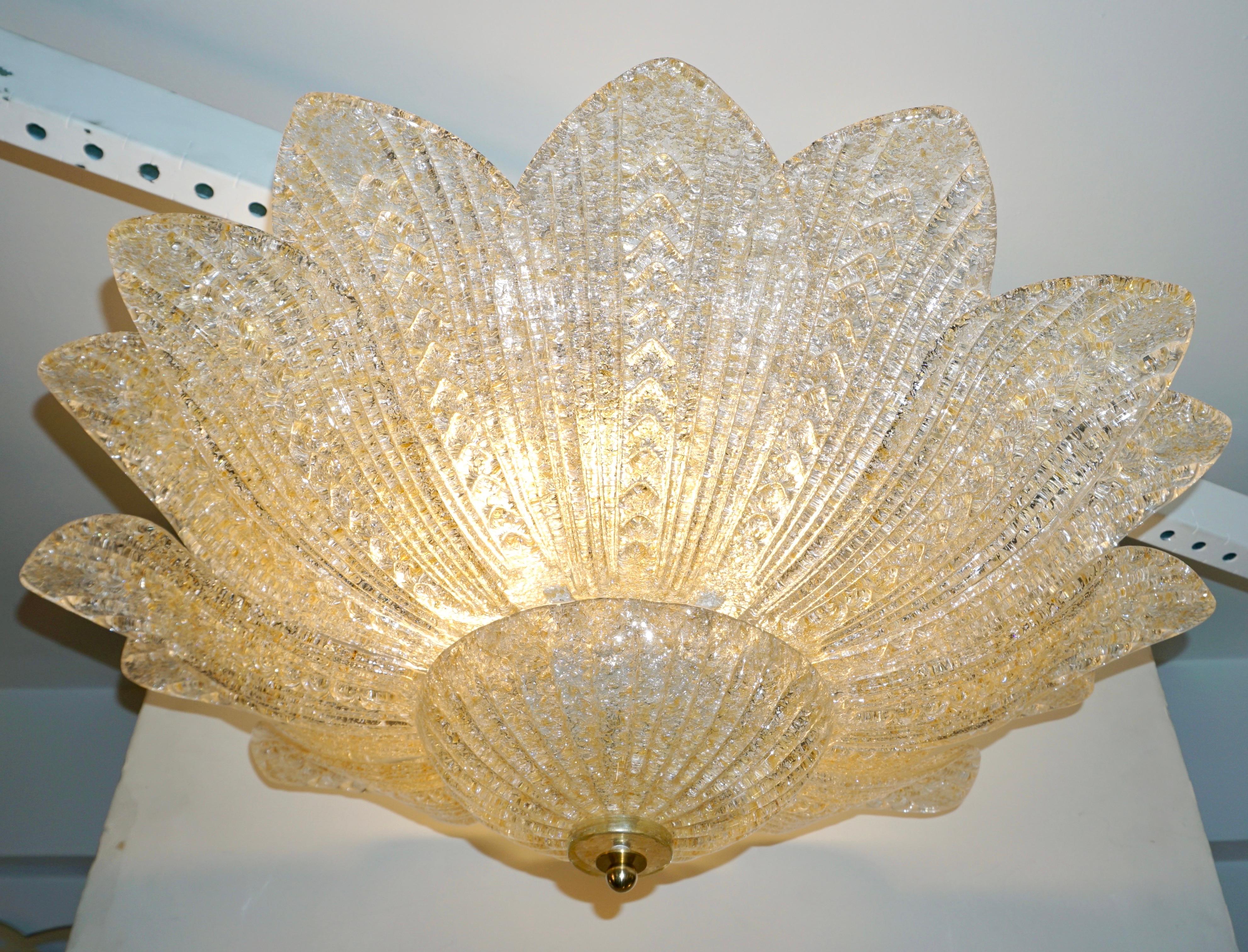 Barovier Toso Style Italian Gold Textured Murano Glass Flower Leaf Flushmount For Sale 5