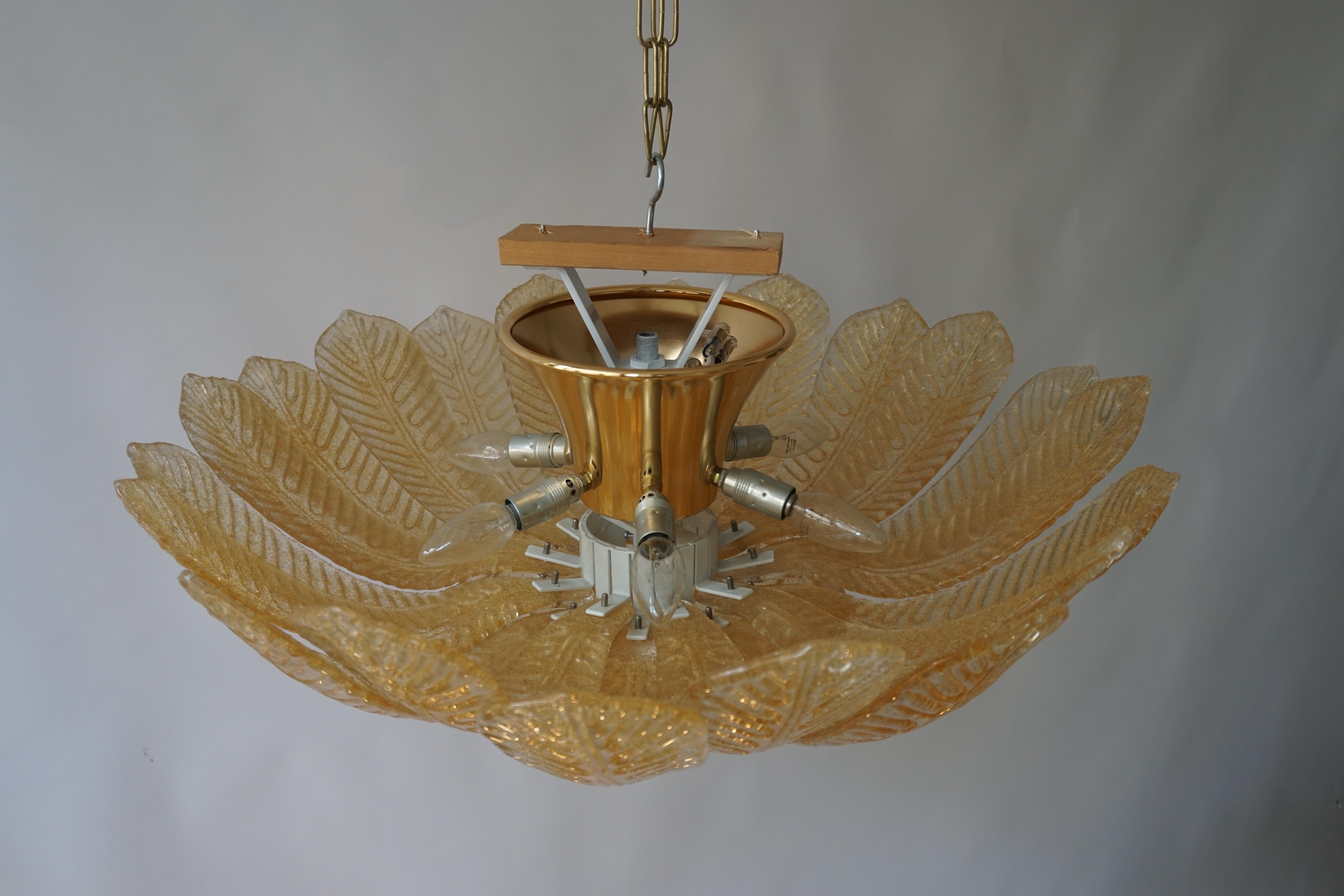 Barovier Toso Style Italian Gold Textured Murano Glass Flower Leaf Flushmount For Sale 6