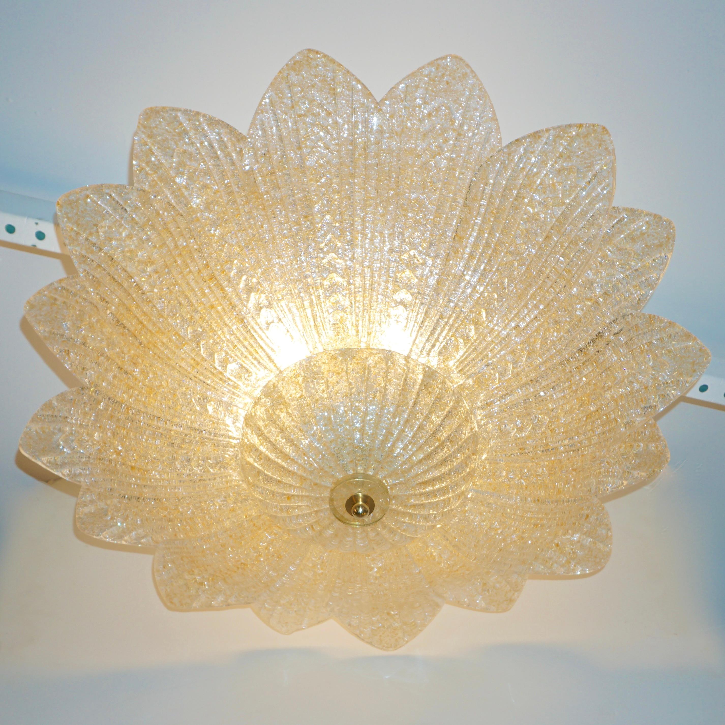 Mid-Century Modern Barovier Toso Style Italian Gold Textured Murano Glass Flower Leaf Flushmount For Sale