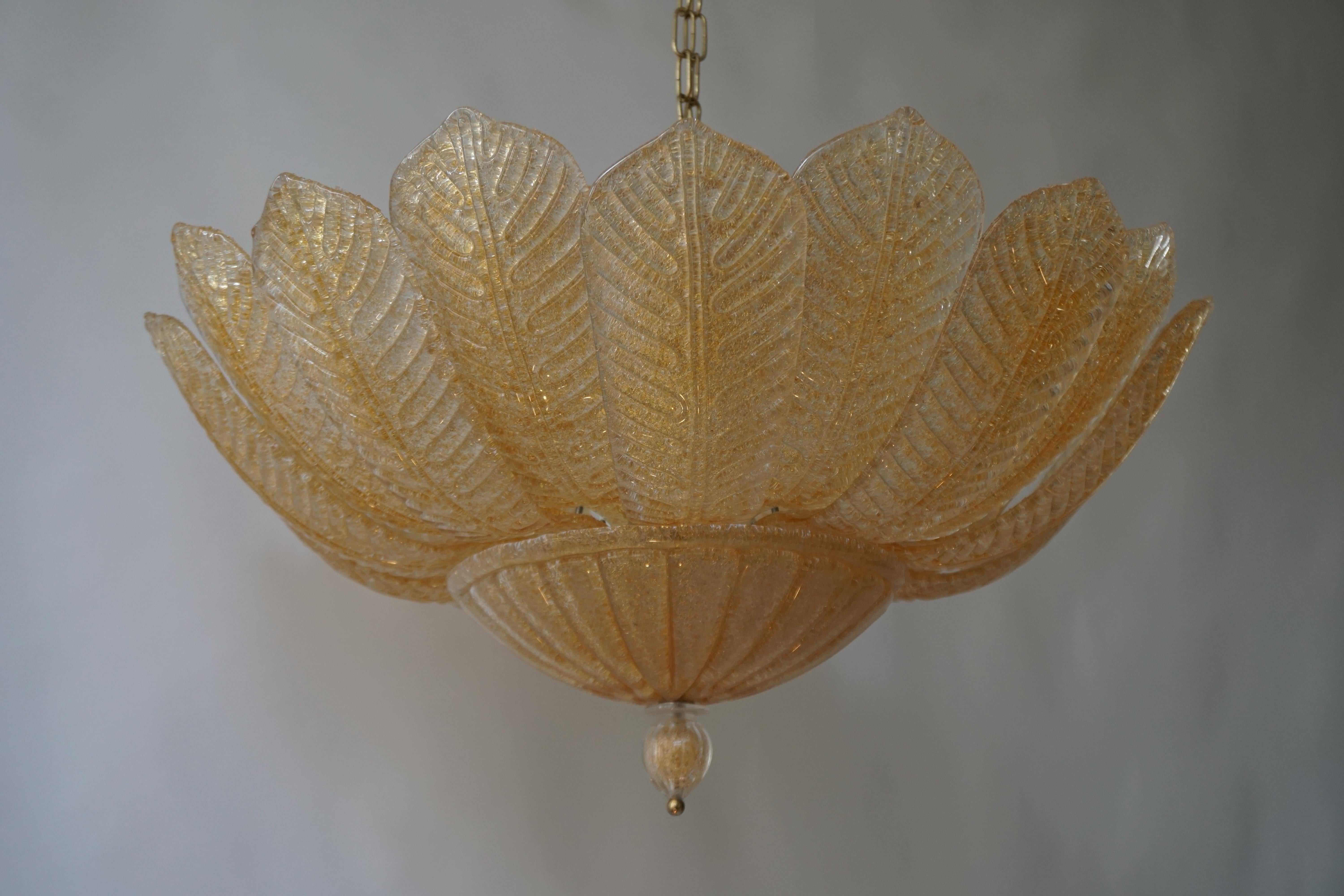 Mid-Century Modern Barovier Toso Style Italian Gold Textured Murano Glass Flower Leaf Flushmount For Sale