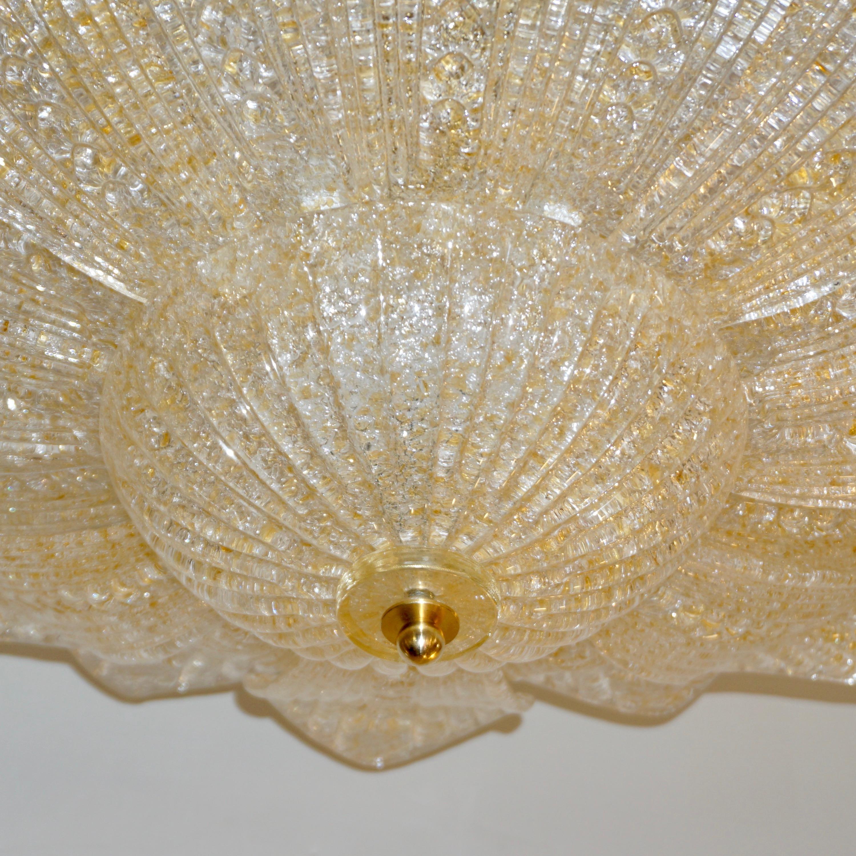 Hand-Crafted Barovier Toso Style Italian Gold Textured Murano Glass Flower Leaf Flushmount For Sale