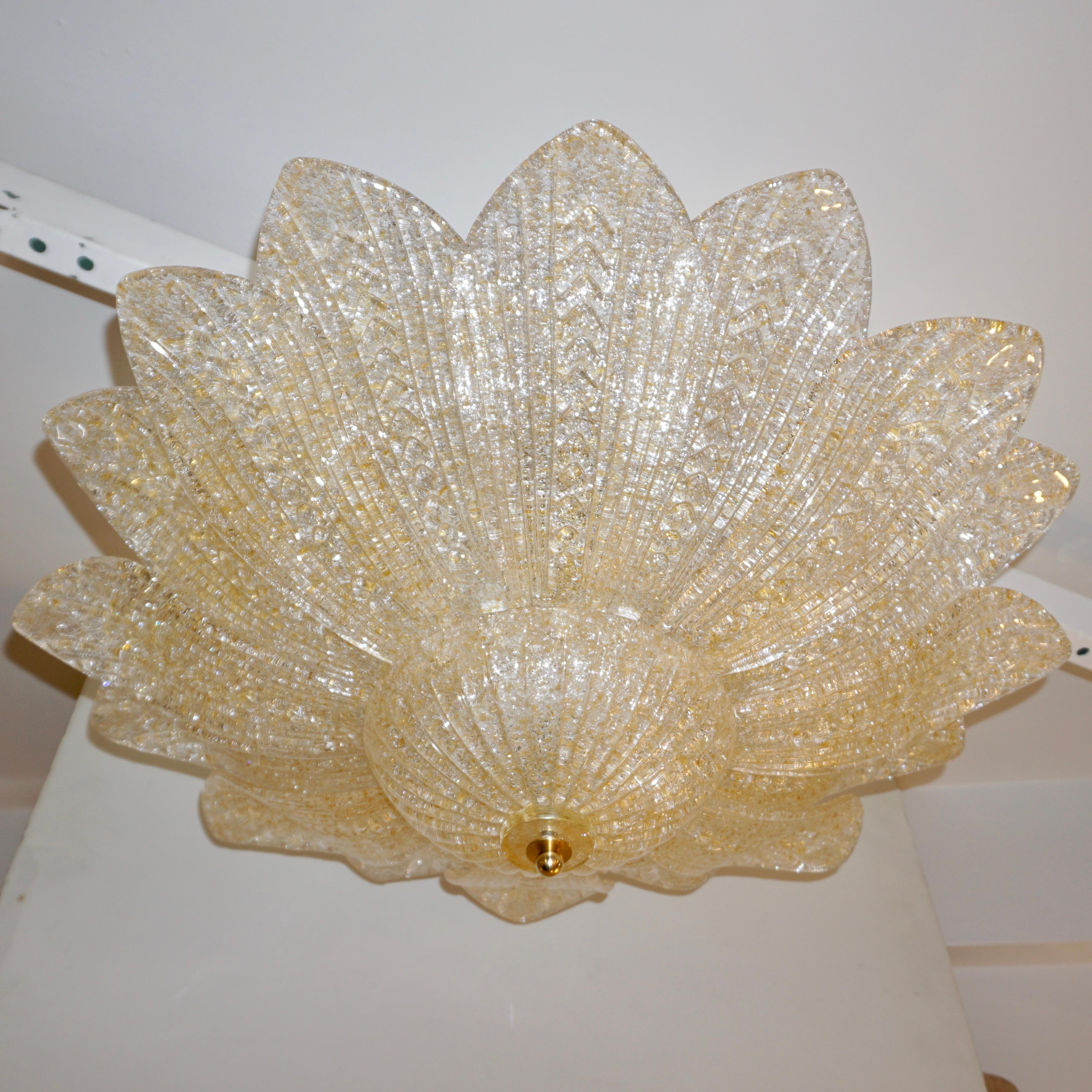 Contemporary Barovier Toso Style Italian Gold Textured Murano Glass Flower Leaf Flushmount For Sale