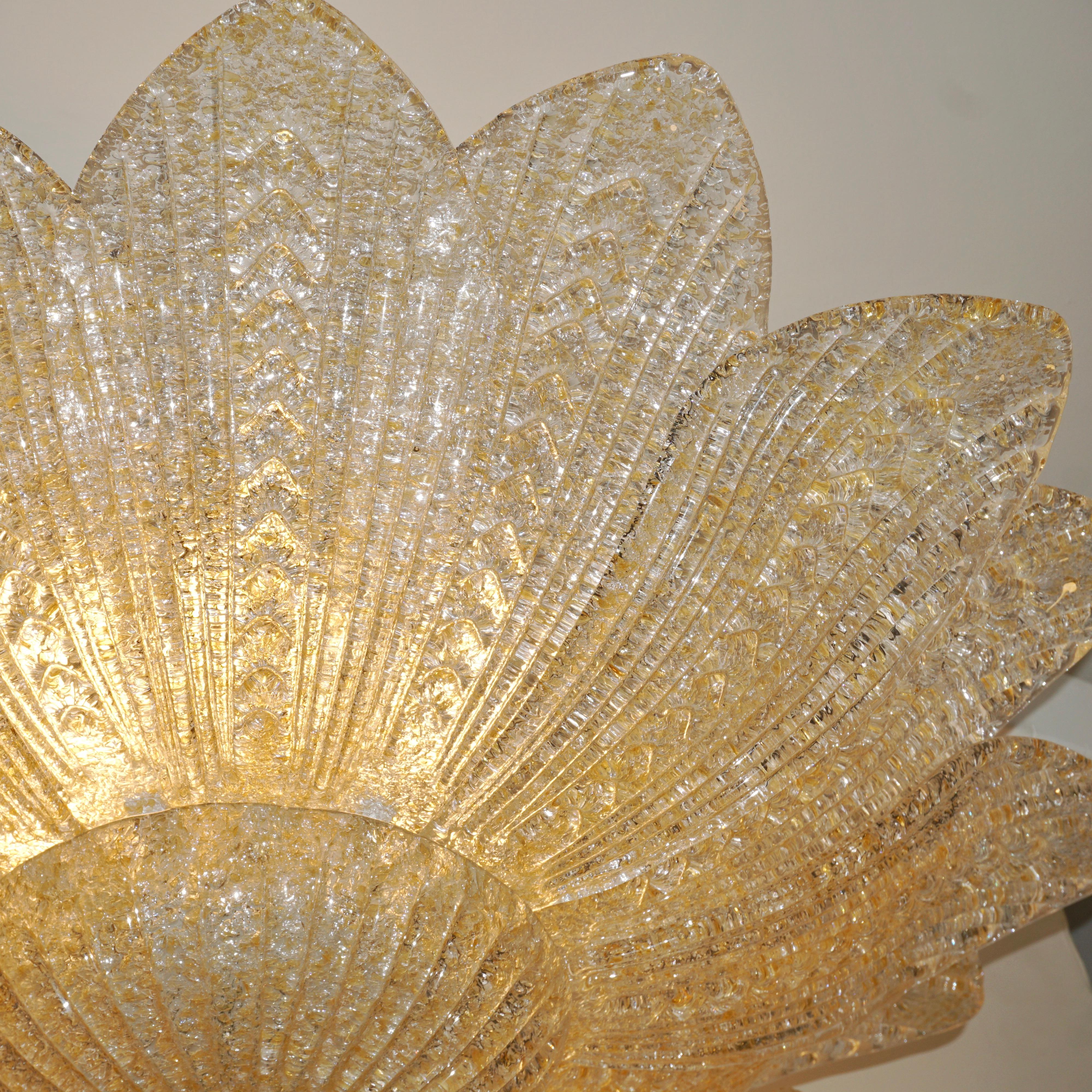 Brass Barovier Toso Style Italian Gold Textured Murano Glass Flower Leaf Flushmount For Sale