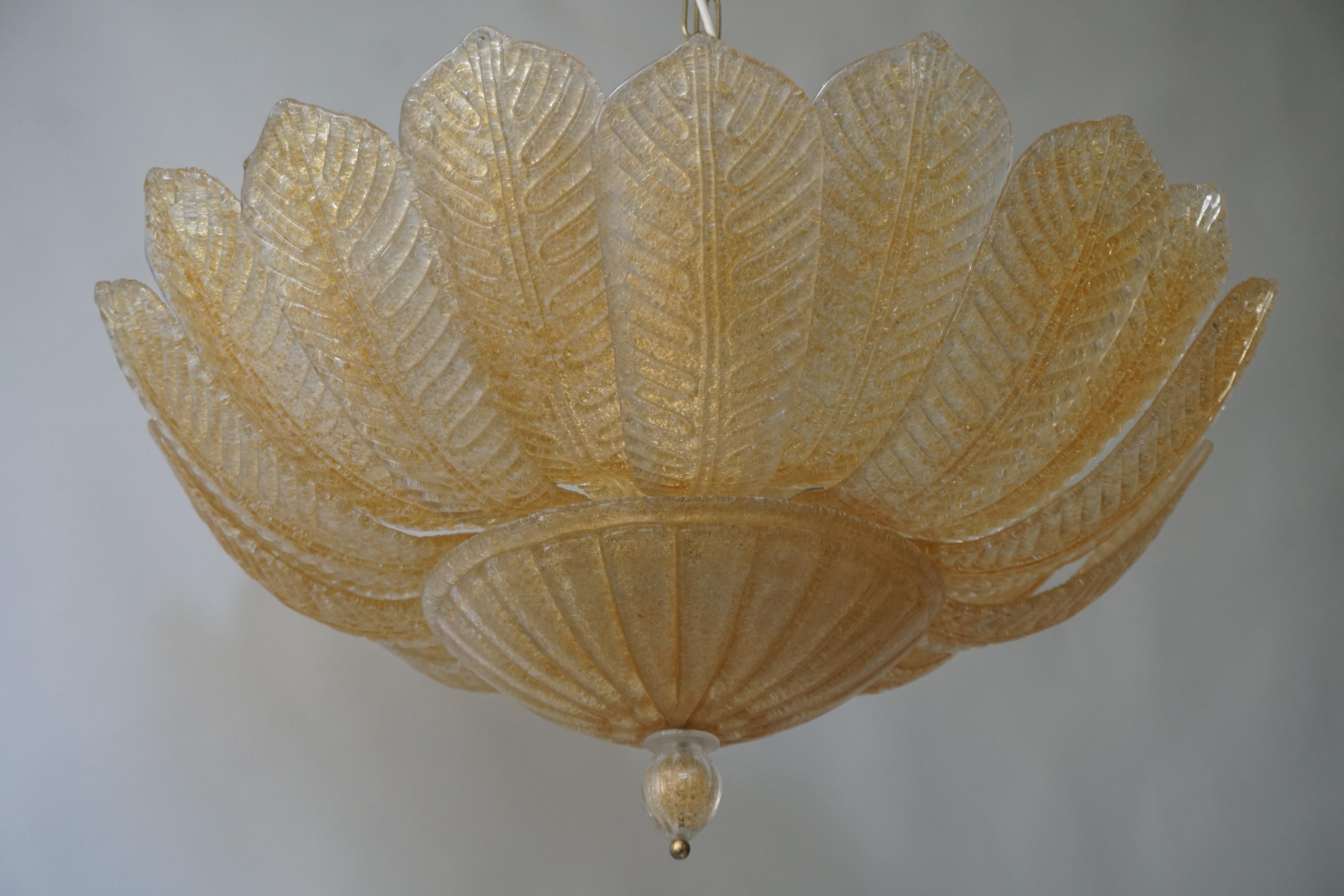 Brass Barovier Toso Style Italian Gold Textured Murano Glass Flower Leaf Flushmount For Sale