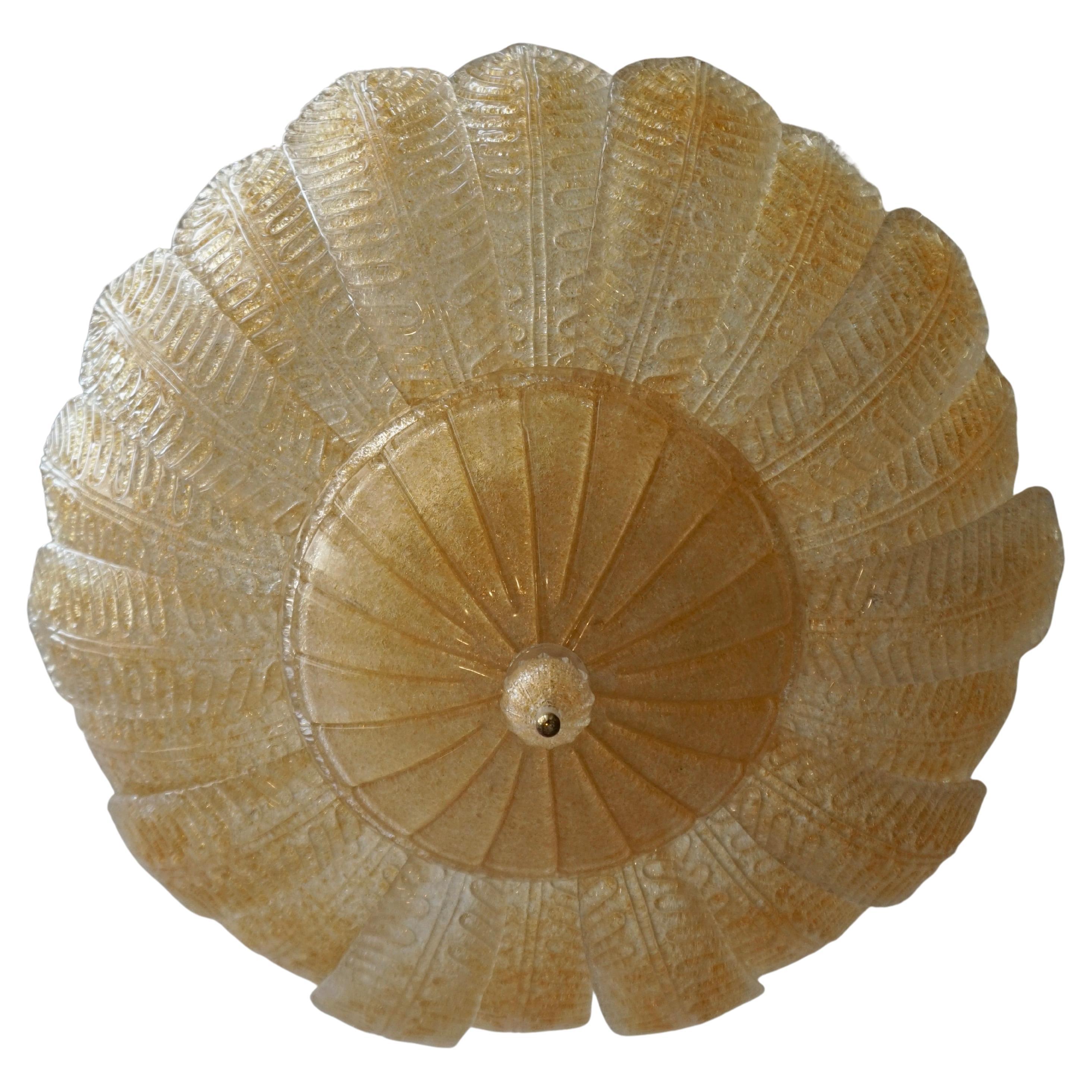 Barovier Toso Style Italian Gold Textured Murano Glass Flower Leaf Flushmount For Sale