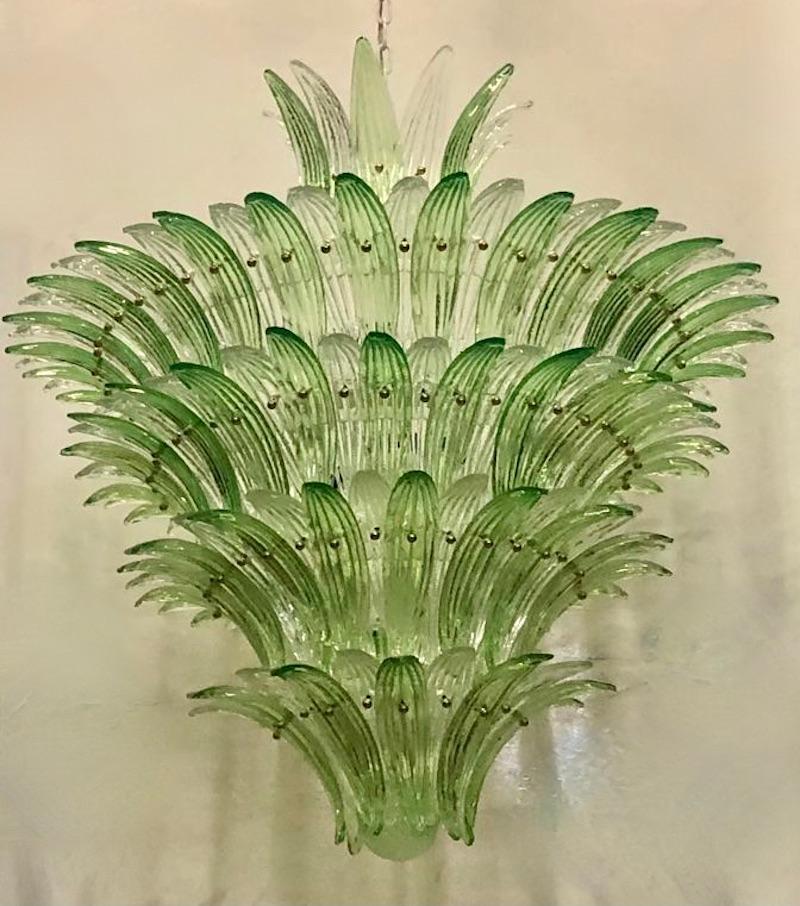 Mid-Century Modern Barovier & Toso Style Murano Palmettes Green Glass Chandelier, 2020 For Sale