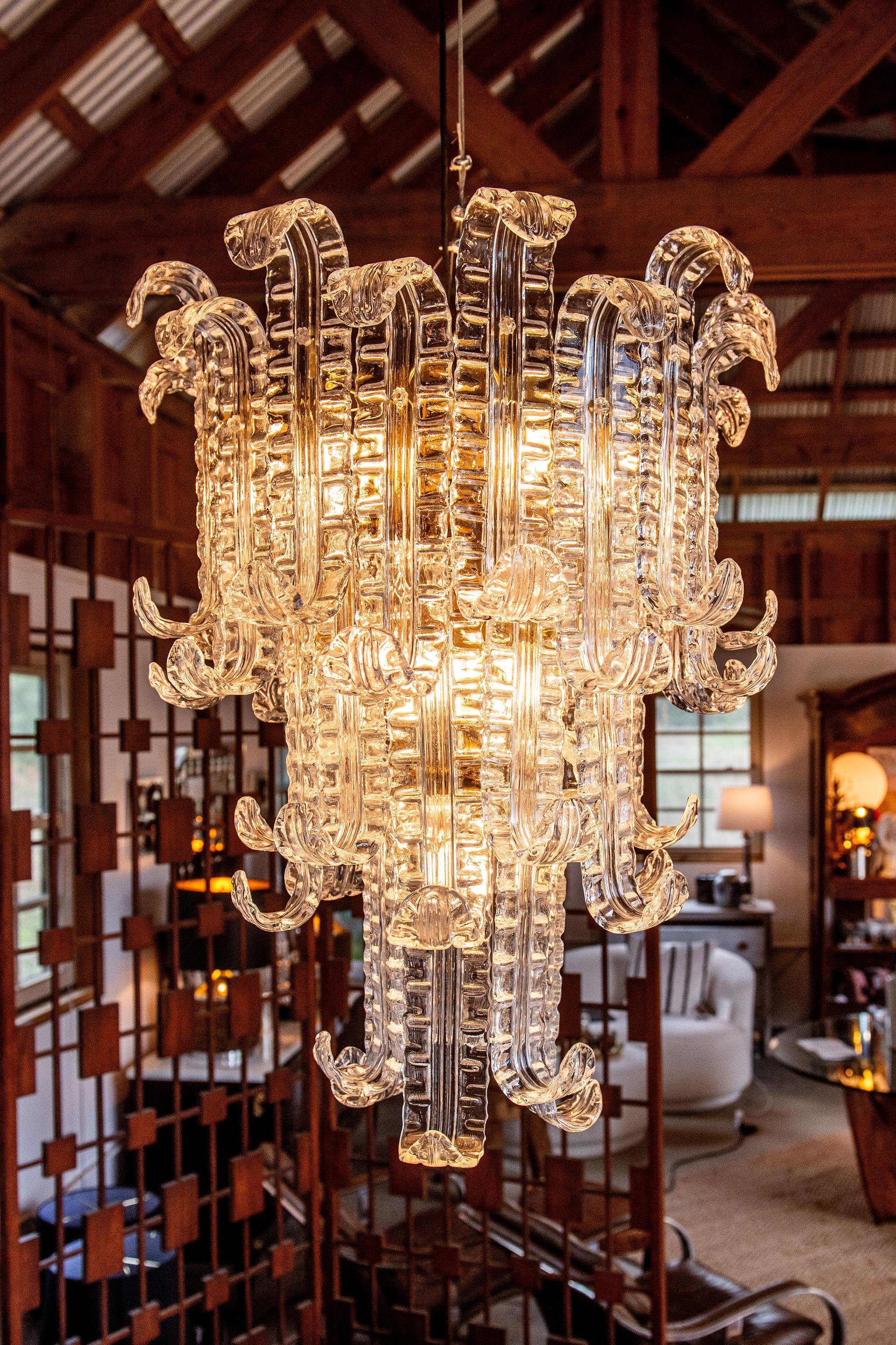 Art Déco Barovier&Toso - Lampadario Felci a tre livelli in cristallo veneziano in vendita