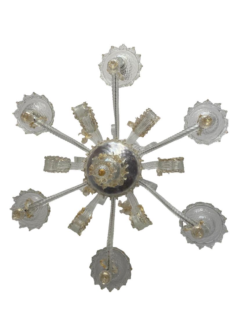 Barovier & Toso chandelier Vintage venetian chandelier clear with gold decoration. Dated 1950's /'60  perfect condition , dimensions 100 cm x 100 cm , 6 lights. It is possible to be rewired for US upon request.