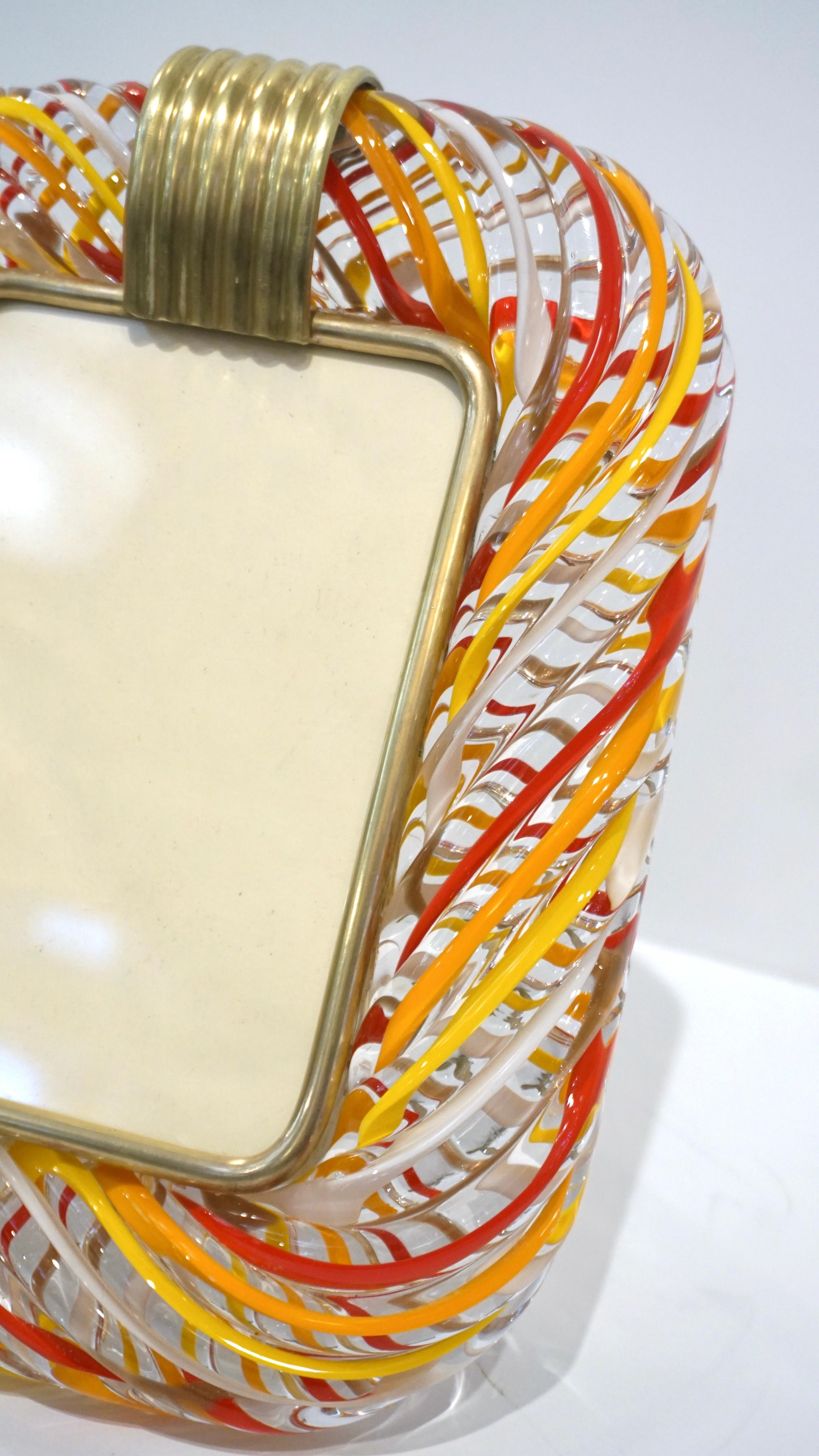 Italian Venini Vintage Red Orange Yellow & White Crystal Murano Glass Photo Frame