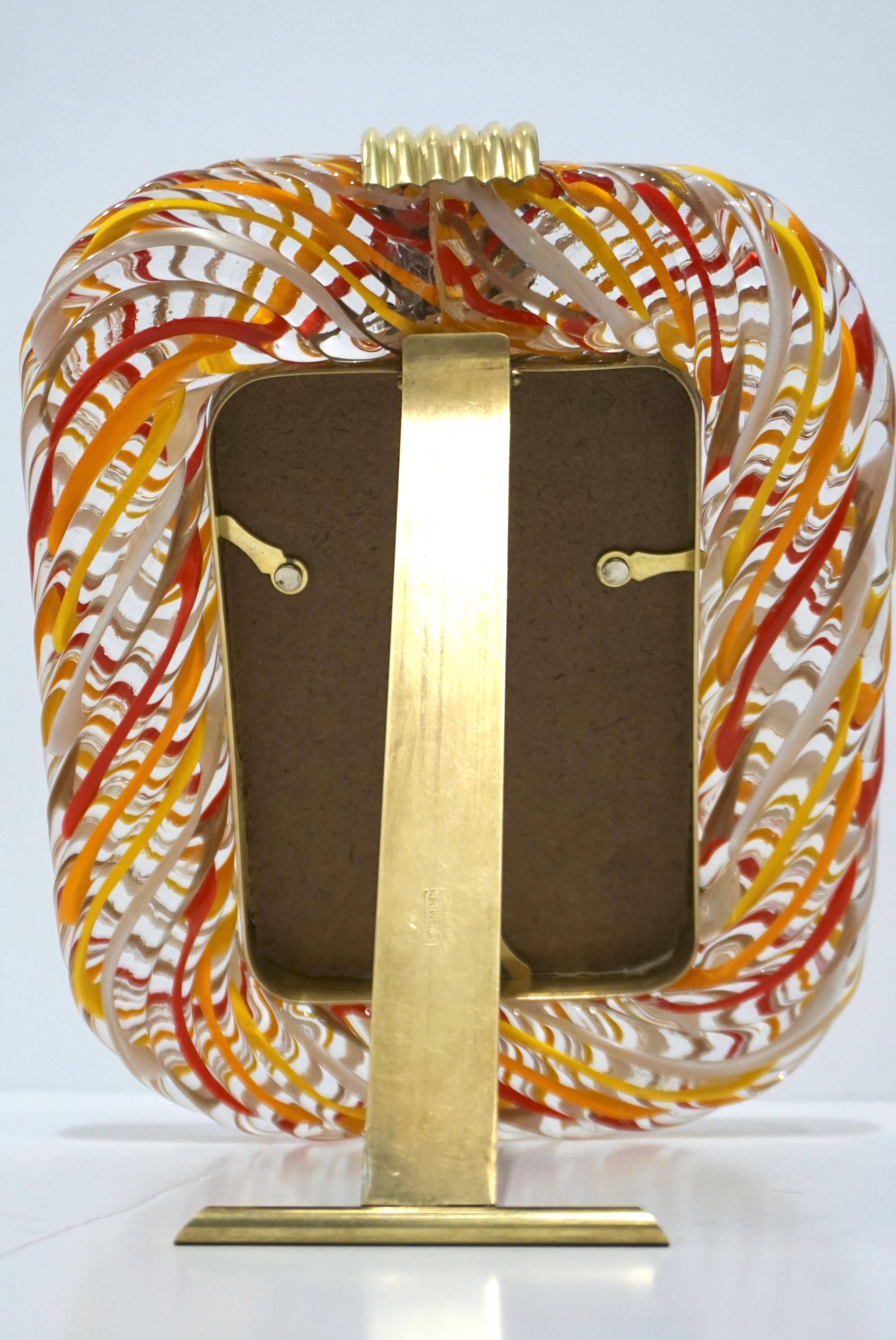 Brass Venini Vintage Red Orange Yellow & White Crystal Murano Glass Photo Frame